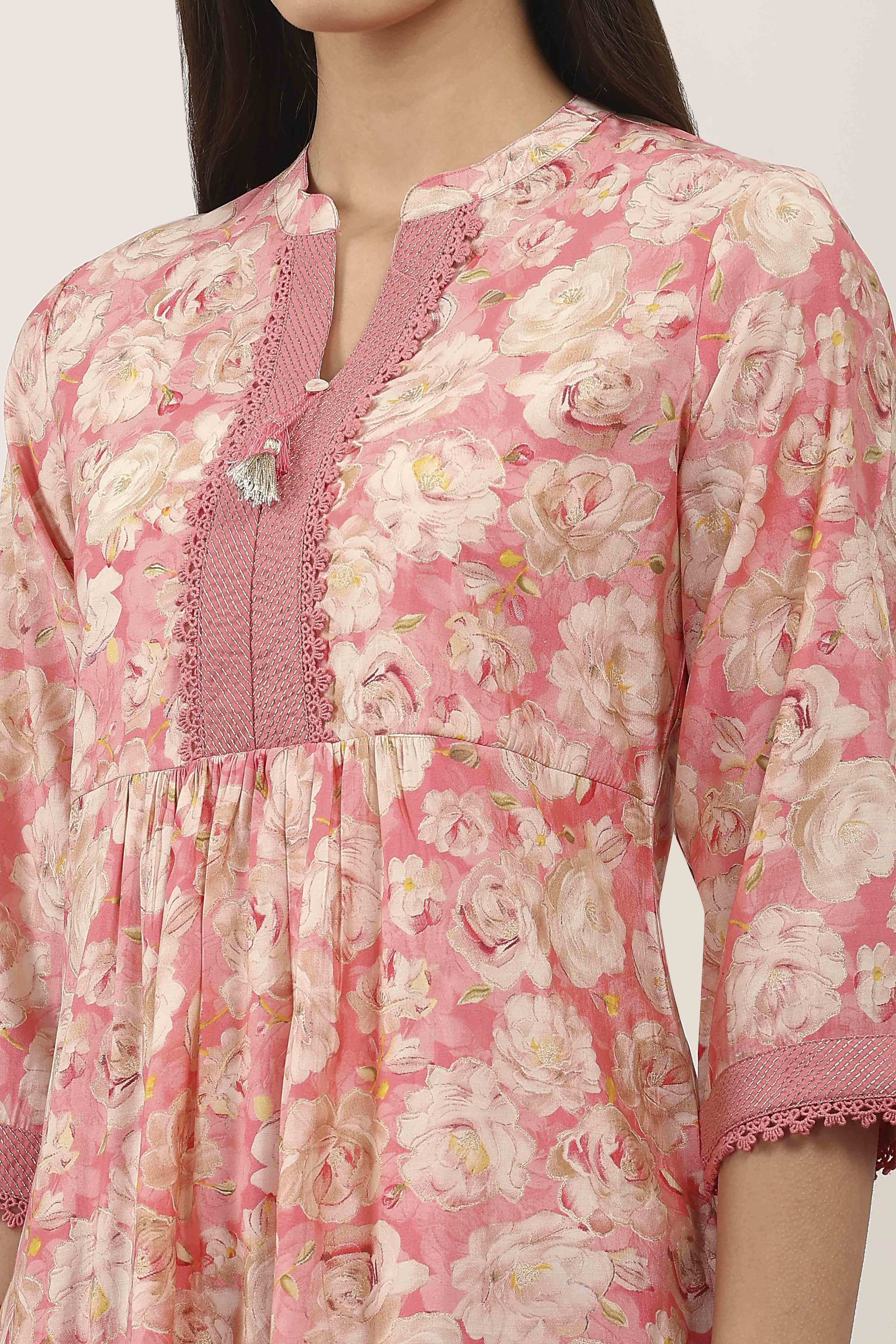 Pink Viscose Polyester Gathered Suit Sets image number 1