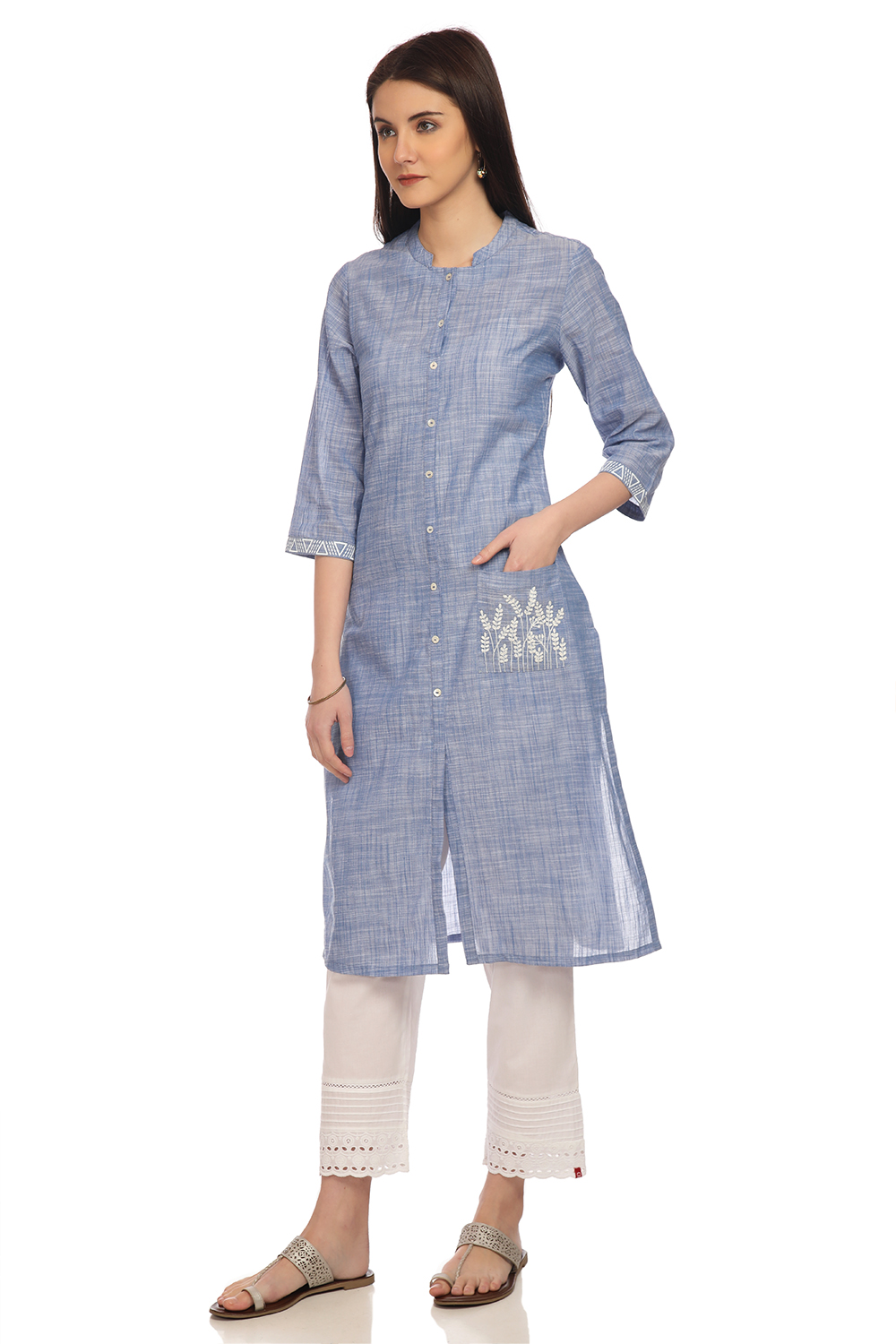 Blue Straight Cotton Kurta image number 2