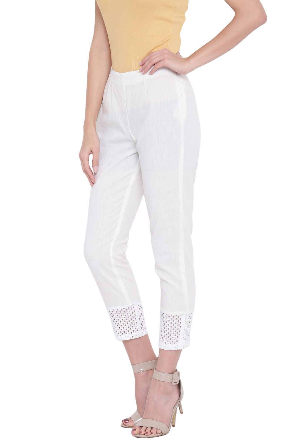 White Cotton Flex Slim Pants image number 2