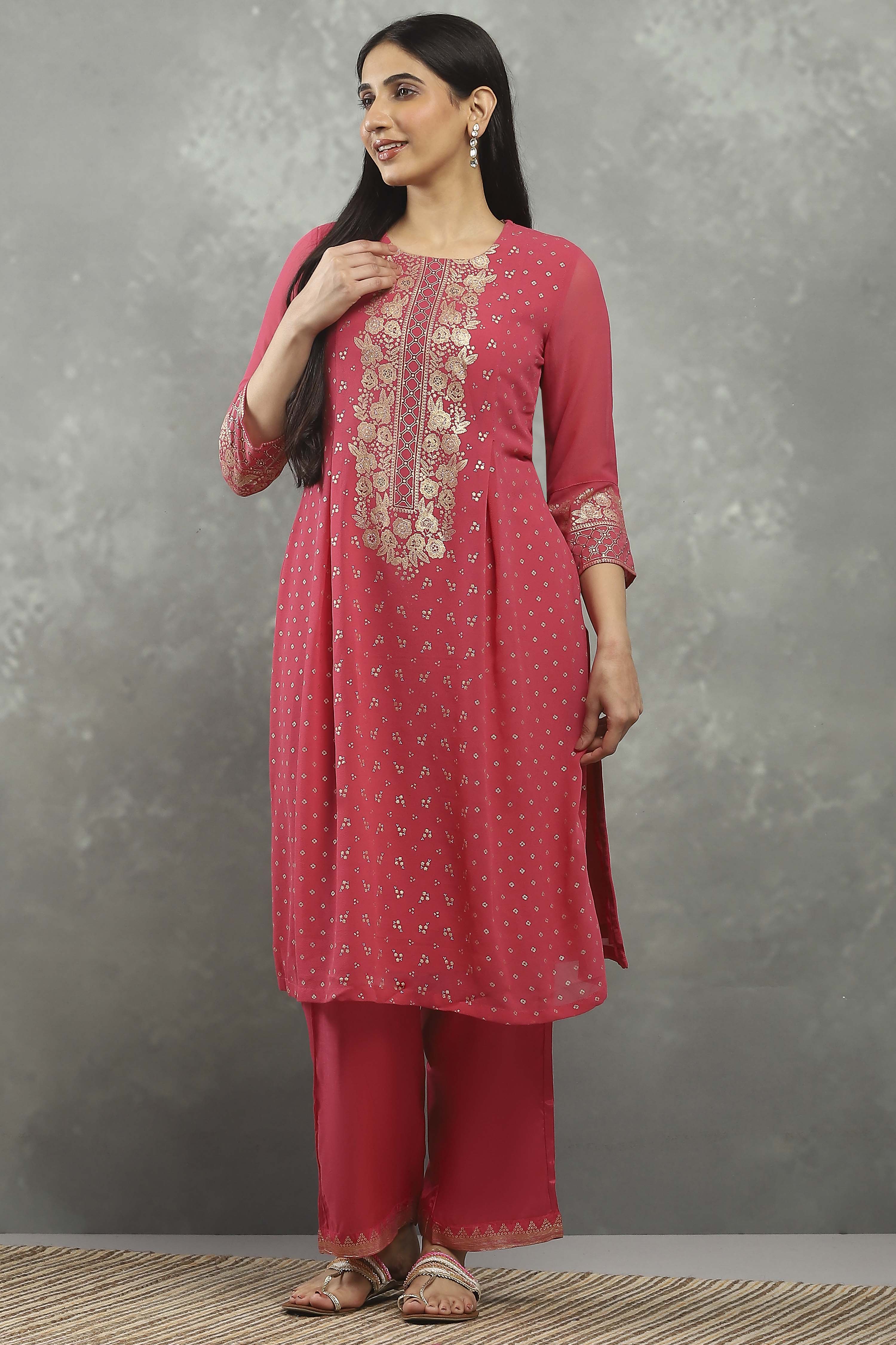 Pink Viscose Straight Kurta Pants Set image number 6