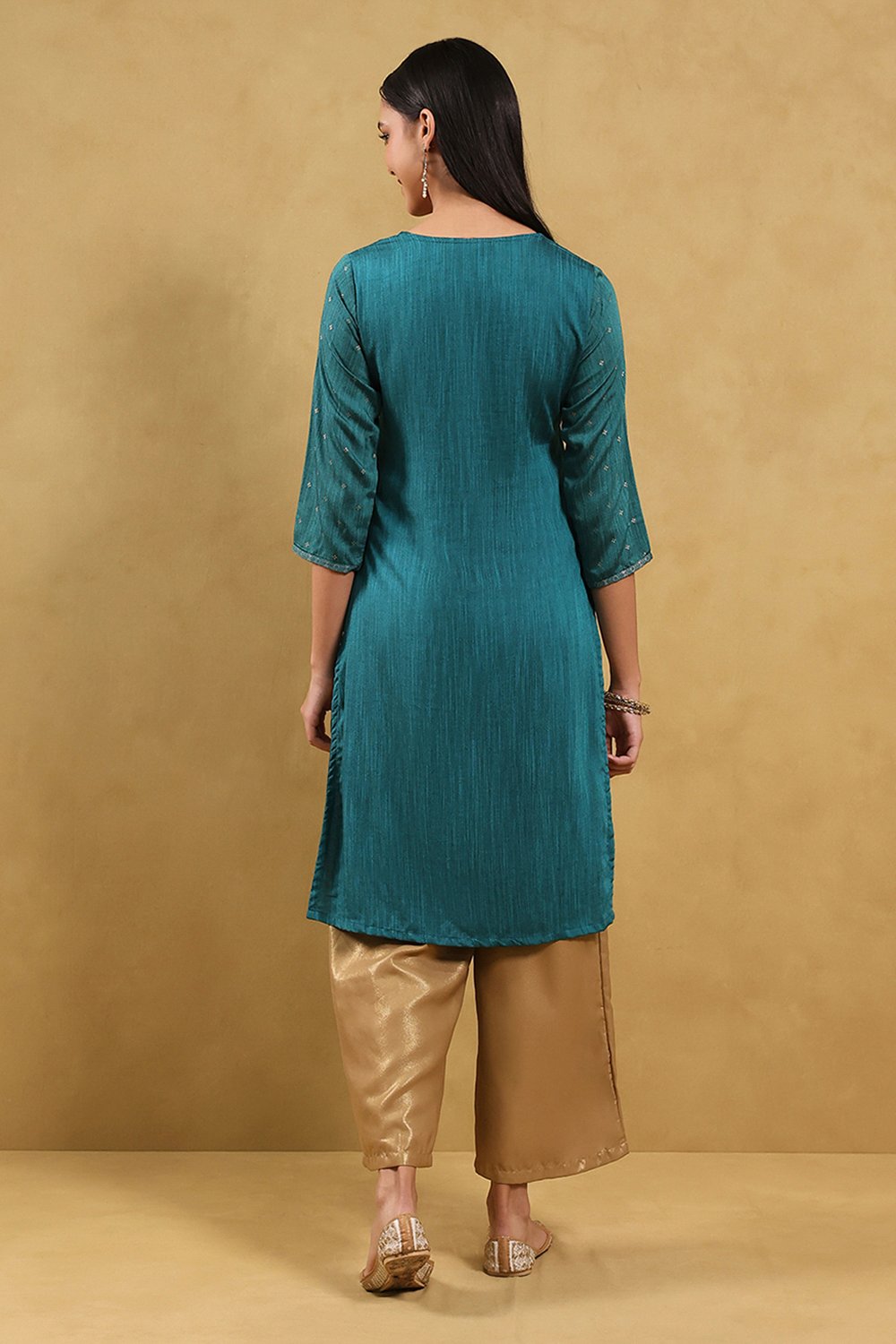 Teal Viscose Blend Printed Straight Kurta image number 3
