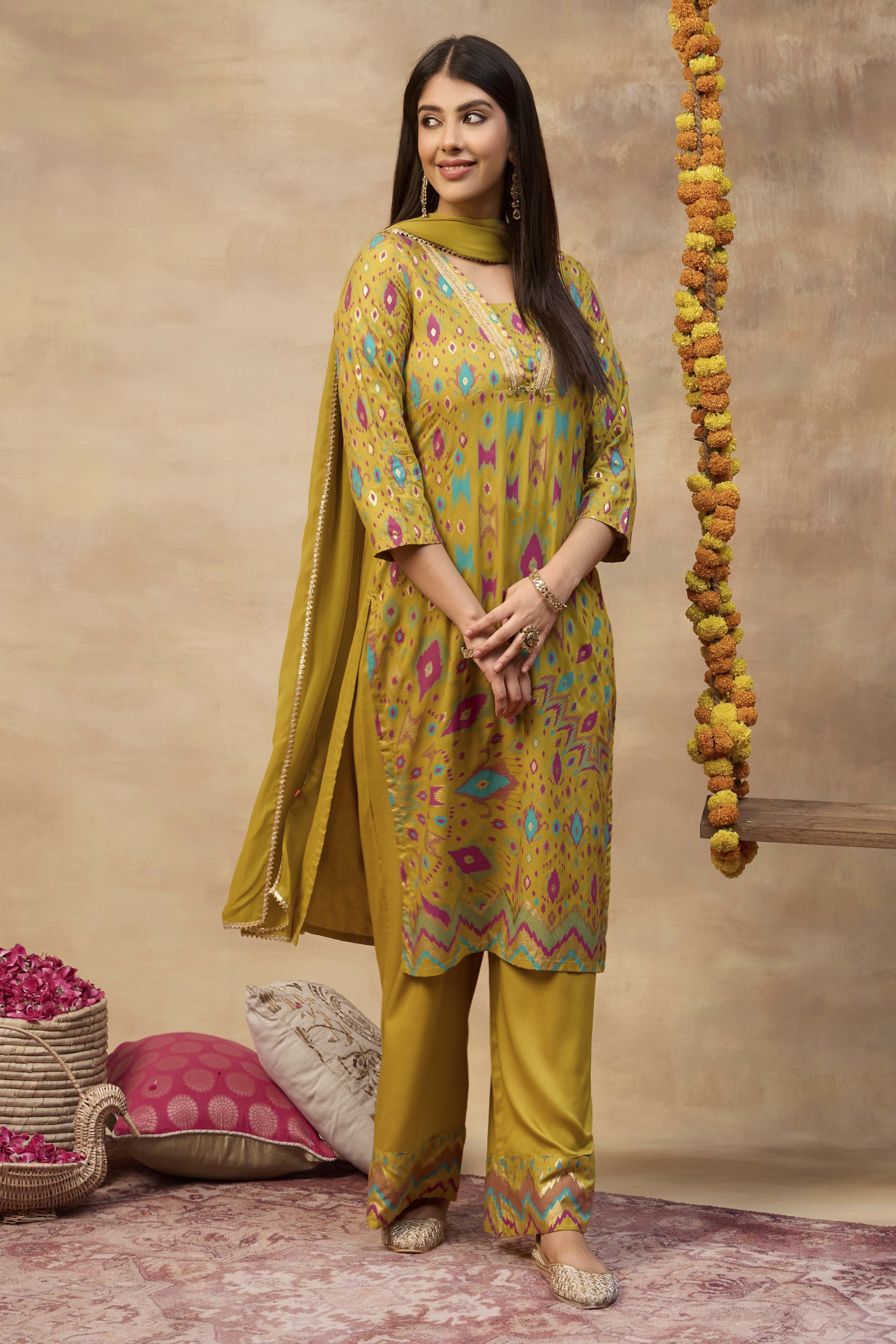 Fuschia Viscose Rayon Straight Printed Suit Set image number 4