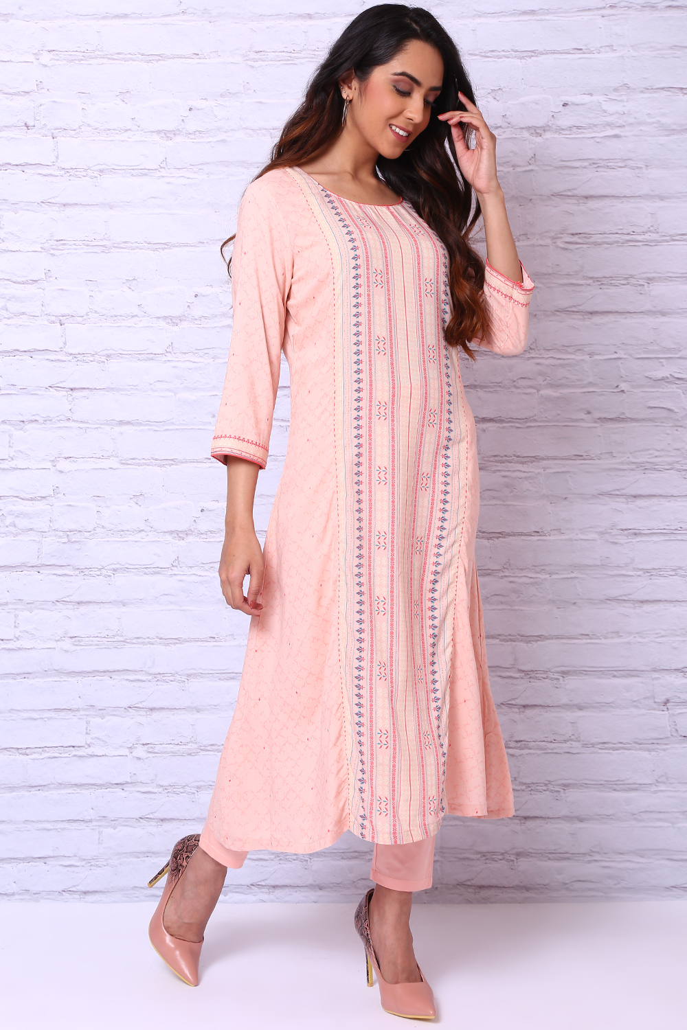 Peach Viscose Rayon A Line Kurta image number 1