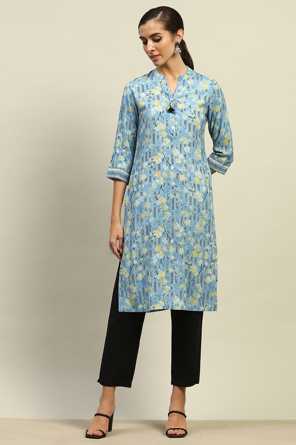 Aqua Rayon Printed Straight Kurta image number 0