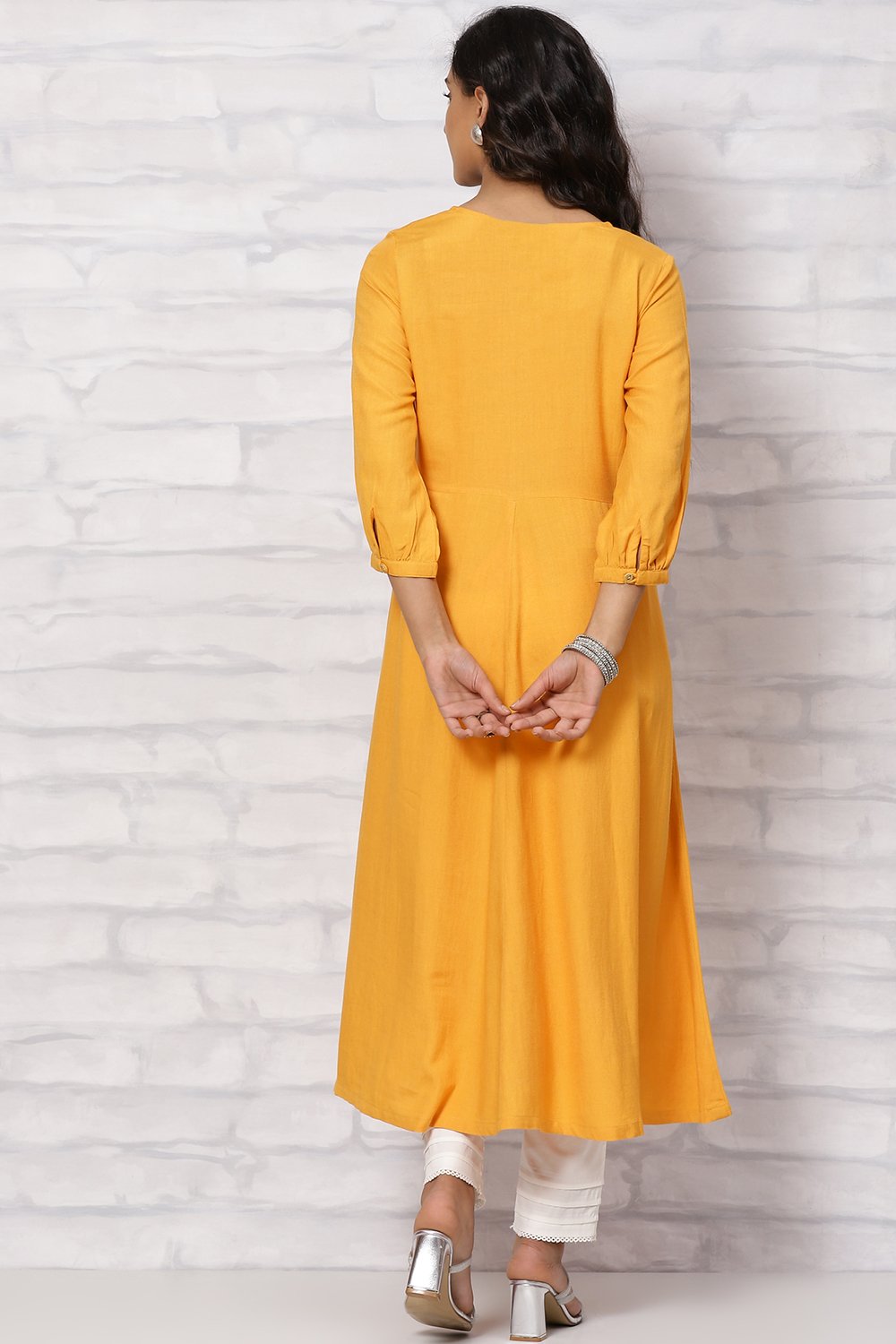 Mustard LIVA Flared  Kurta Dress image number 4