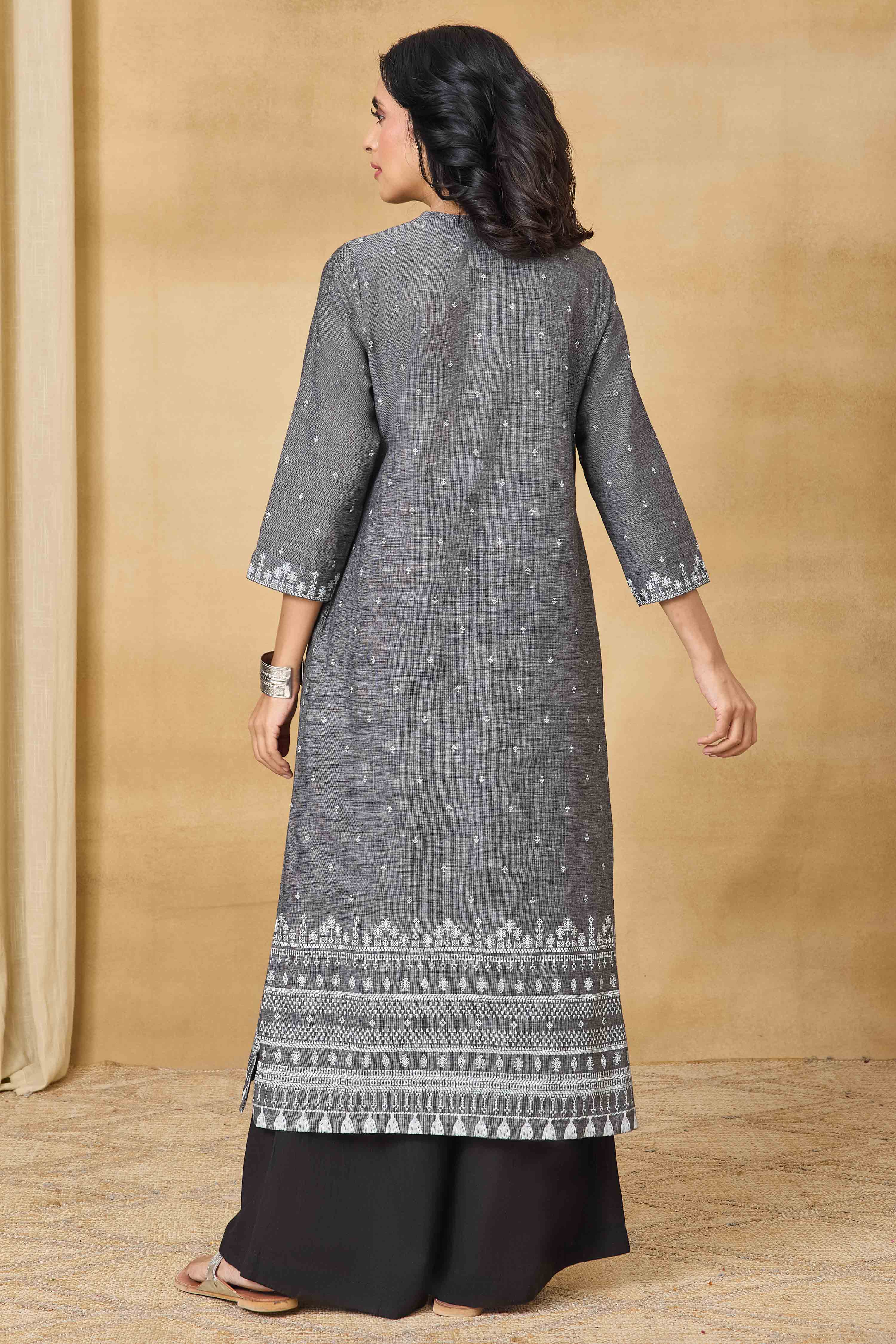 Grey Cotton Straight Printed Kurta image number 4