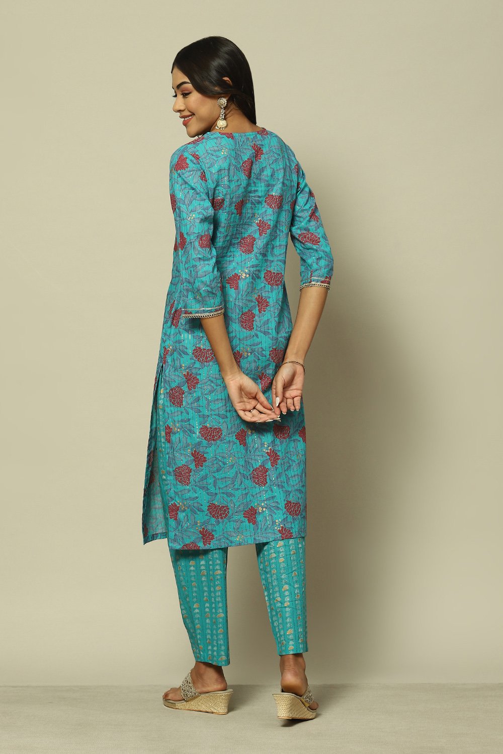 Pink Cotton Straight Printed Kurta Palazzo Suit Set image number 4