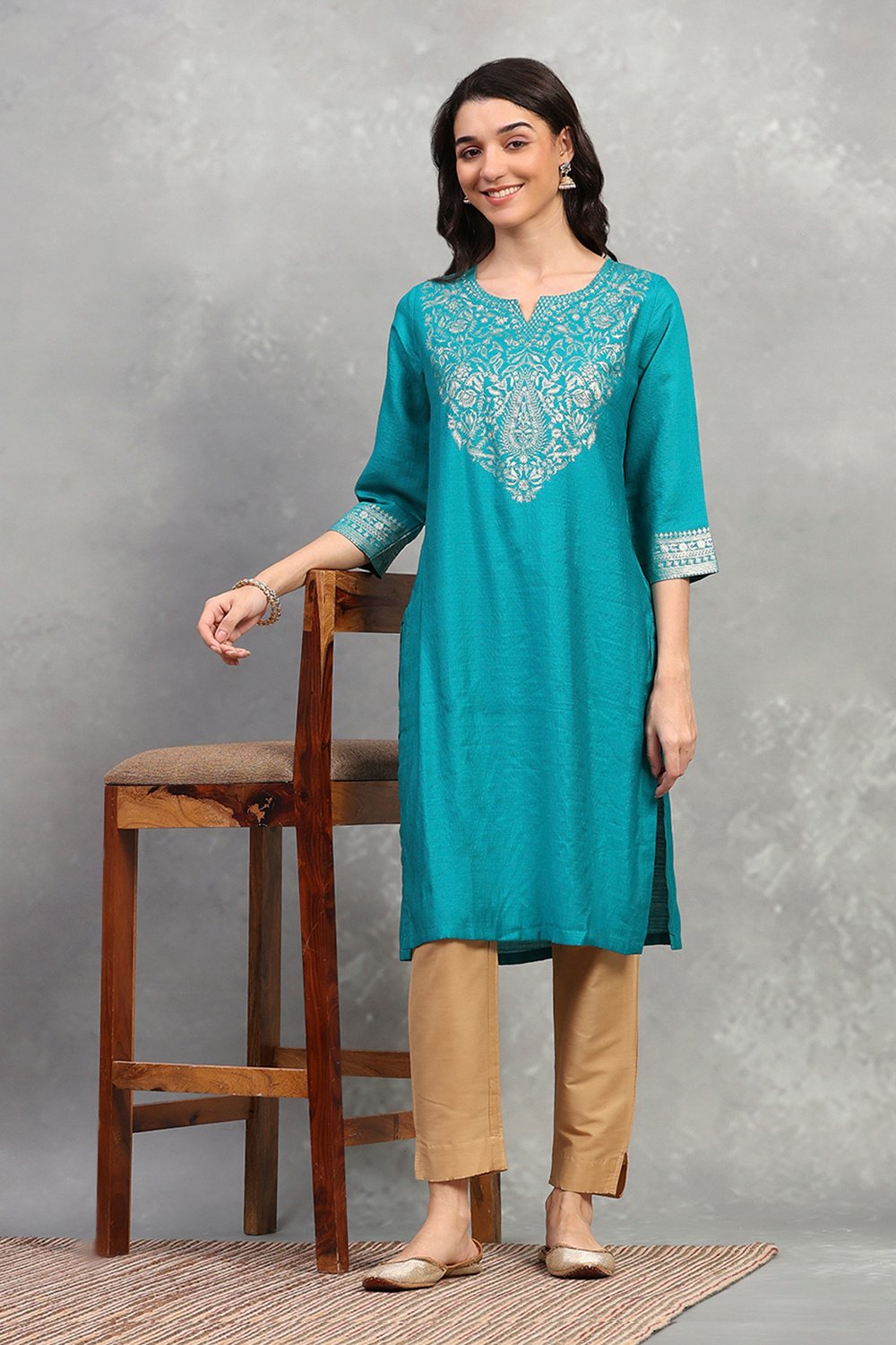 Teal Viscose Blend Solid Straight Kurta image number 0