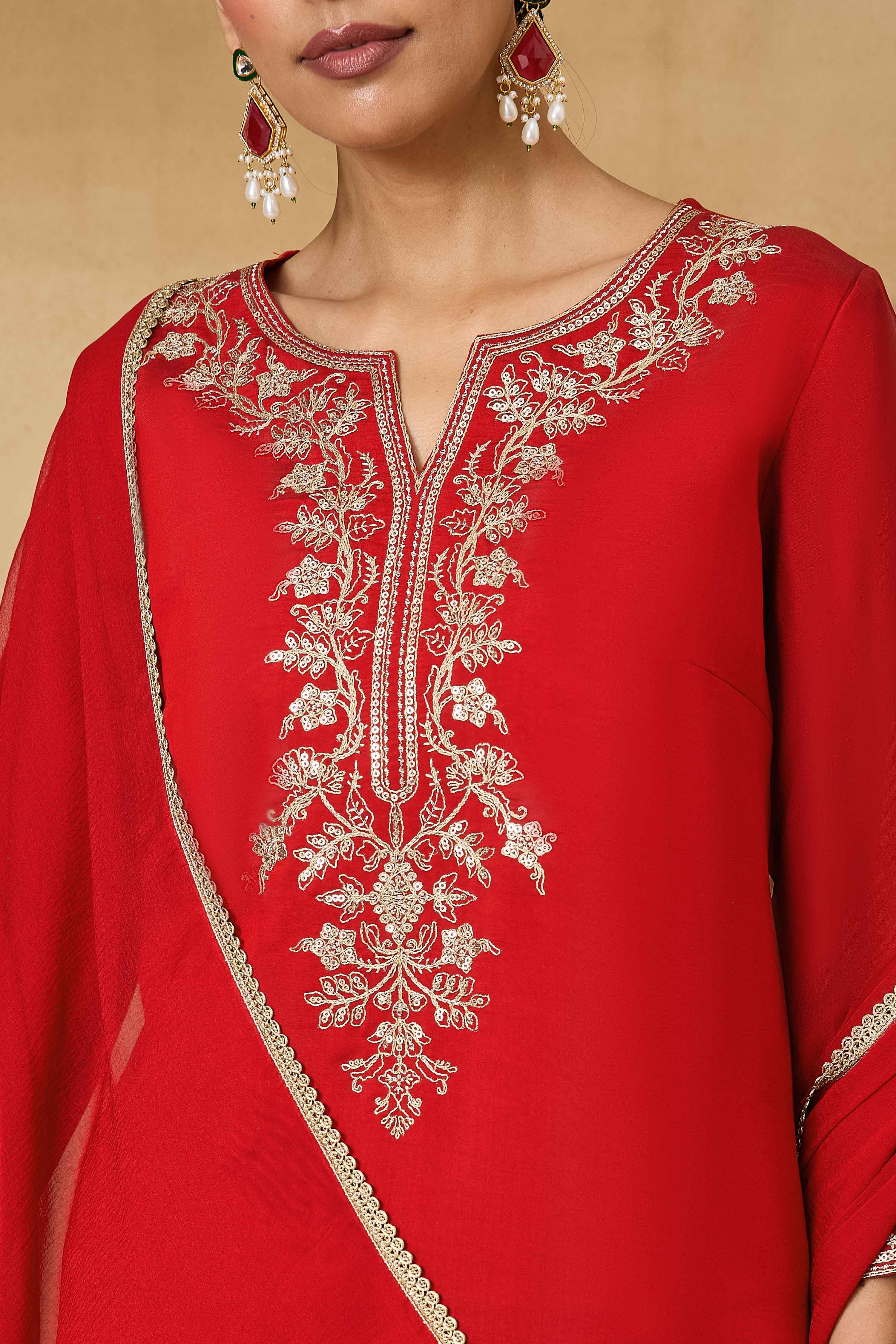 Red Viscose Blend Straight Solid Suit Set image number 1