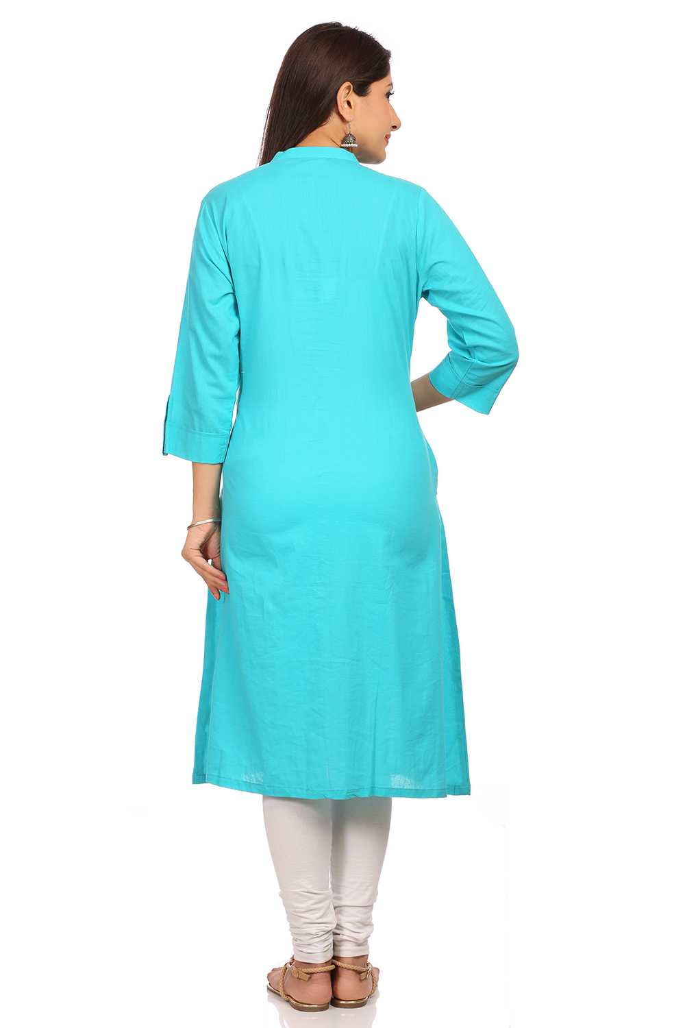 Turquoise Straight Cotton Kurta image number 3