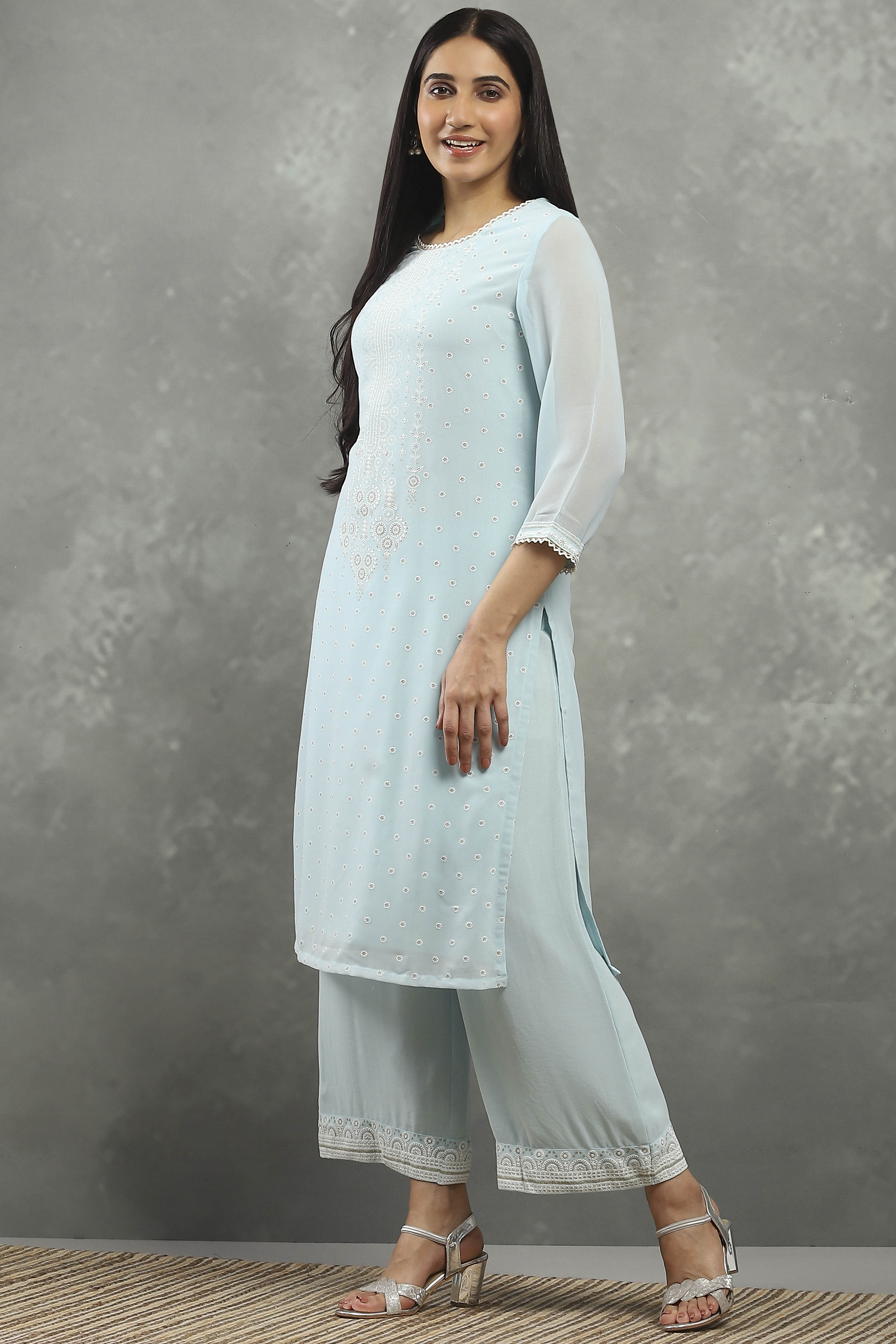 Blue Viscose Straight Kurta Pants Set image number 0