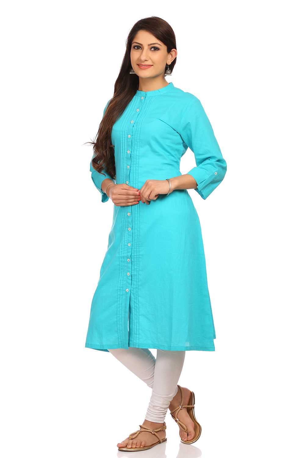 Turquoise Straight Cotton Kurta image number 2