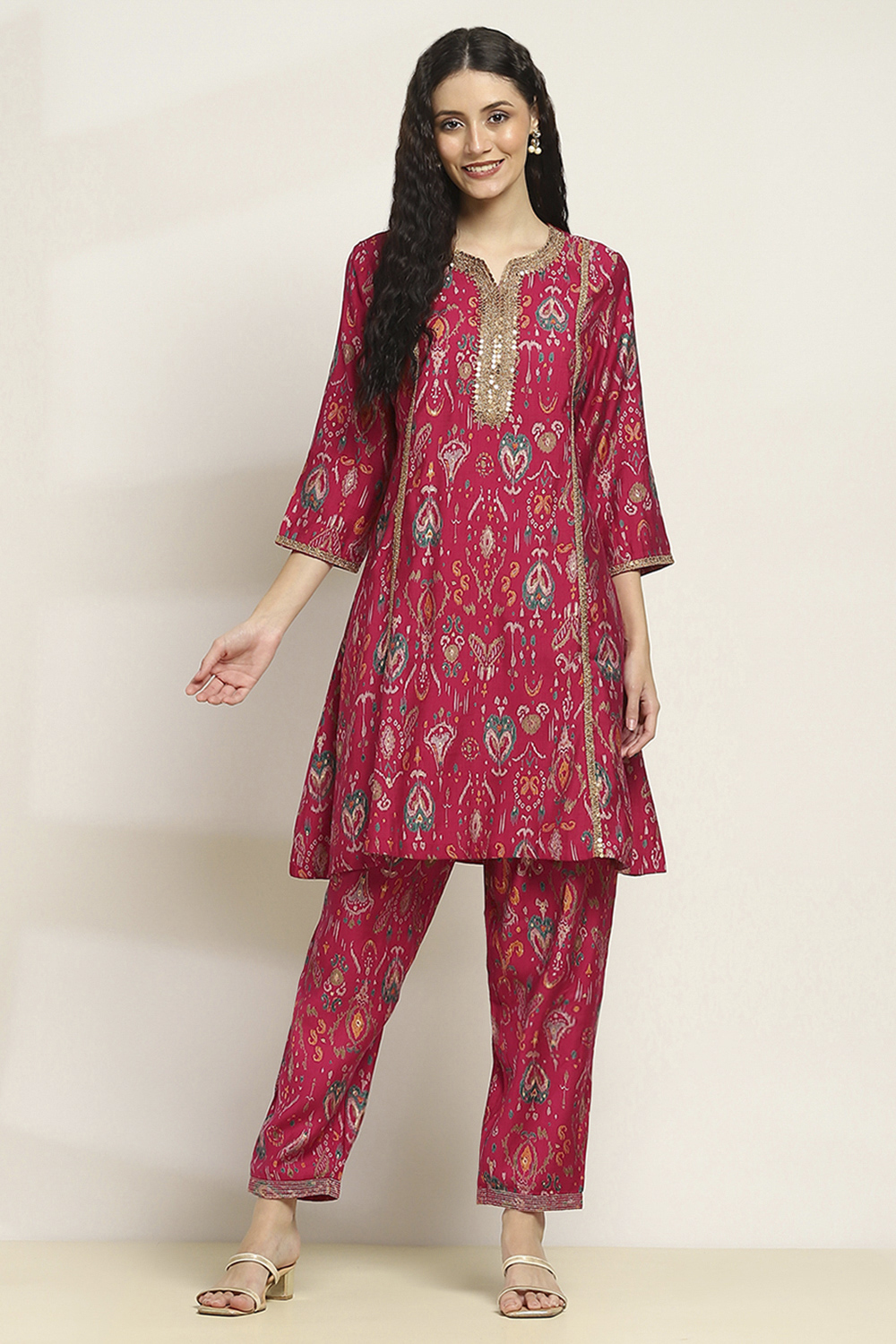 Black Viscose Blend Printed A-Line Kurta Pants Set image number 6