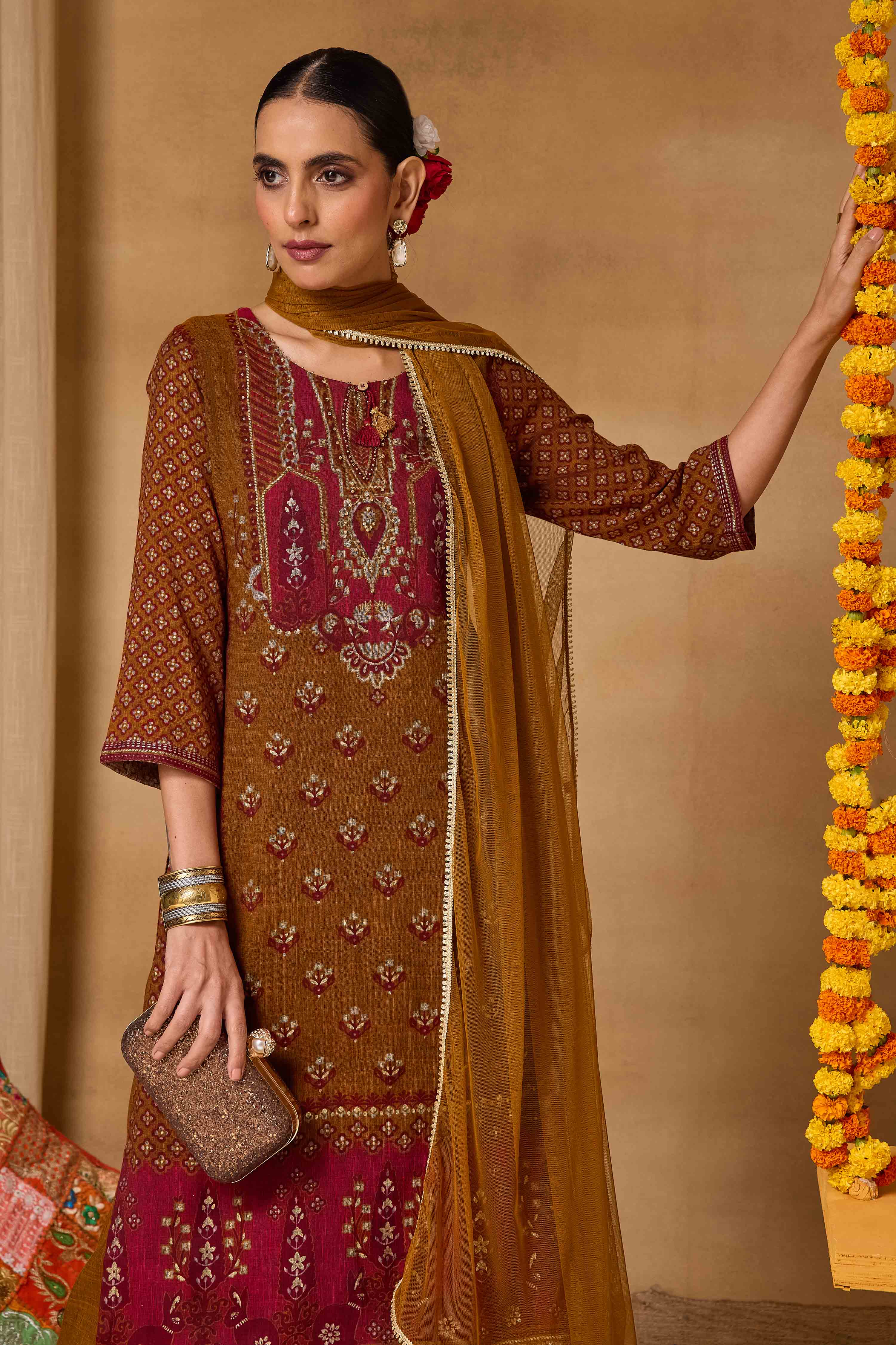 Mustard Viscose Blend Straight Printed Suit Set image number 8