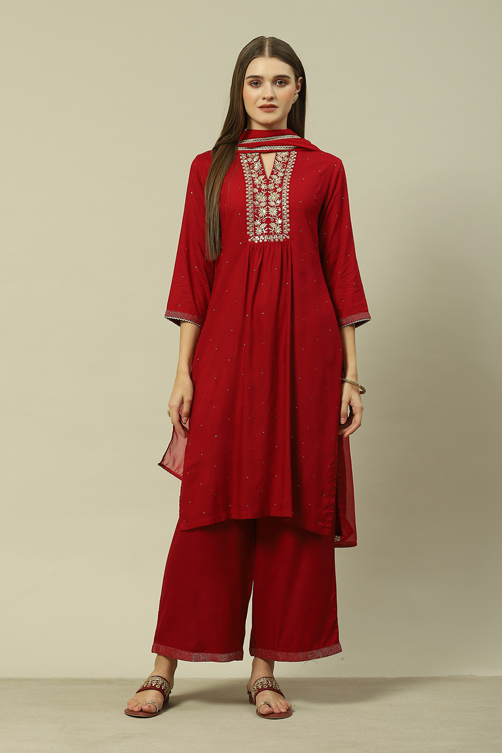 Red LIVA Straight Printed Kurta Palazzo Suit Set image number 7