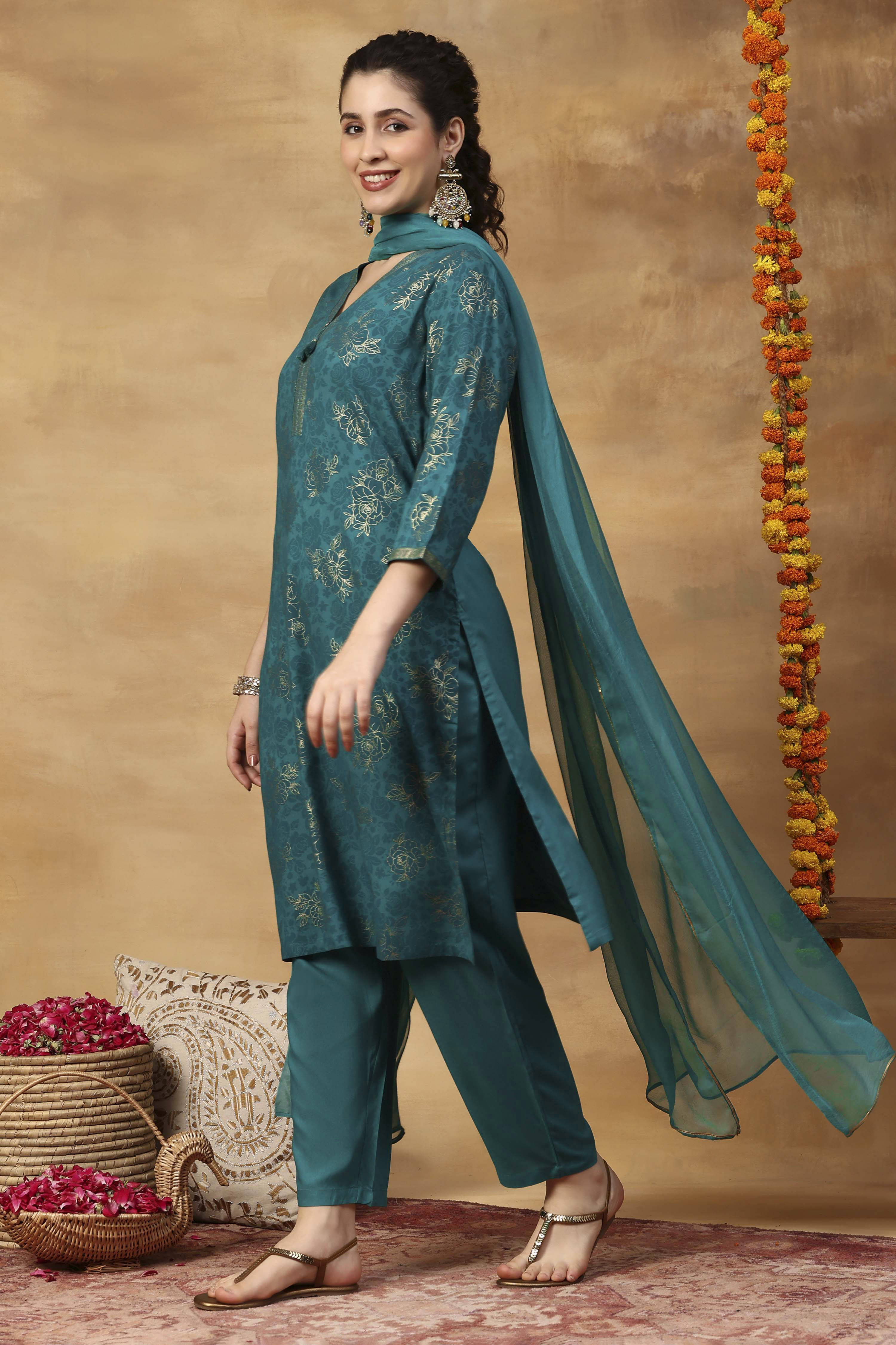 Aqua Printed Viscose Rayon Straight Kurta Set image number 3
