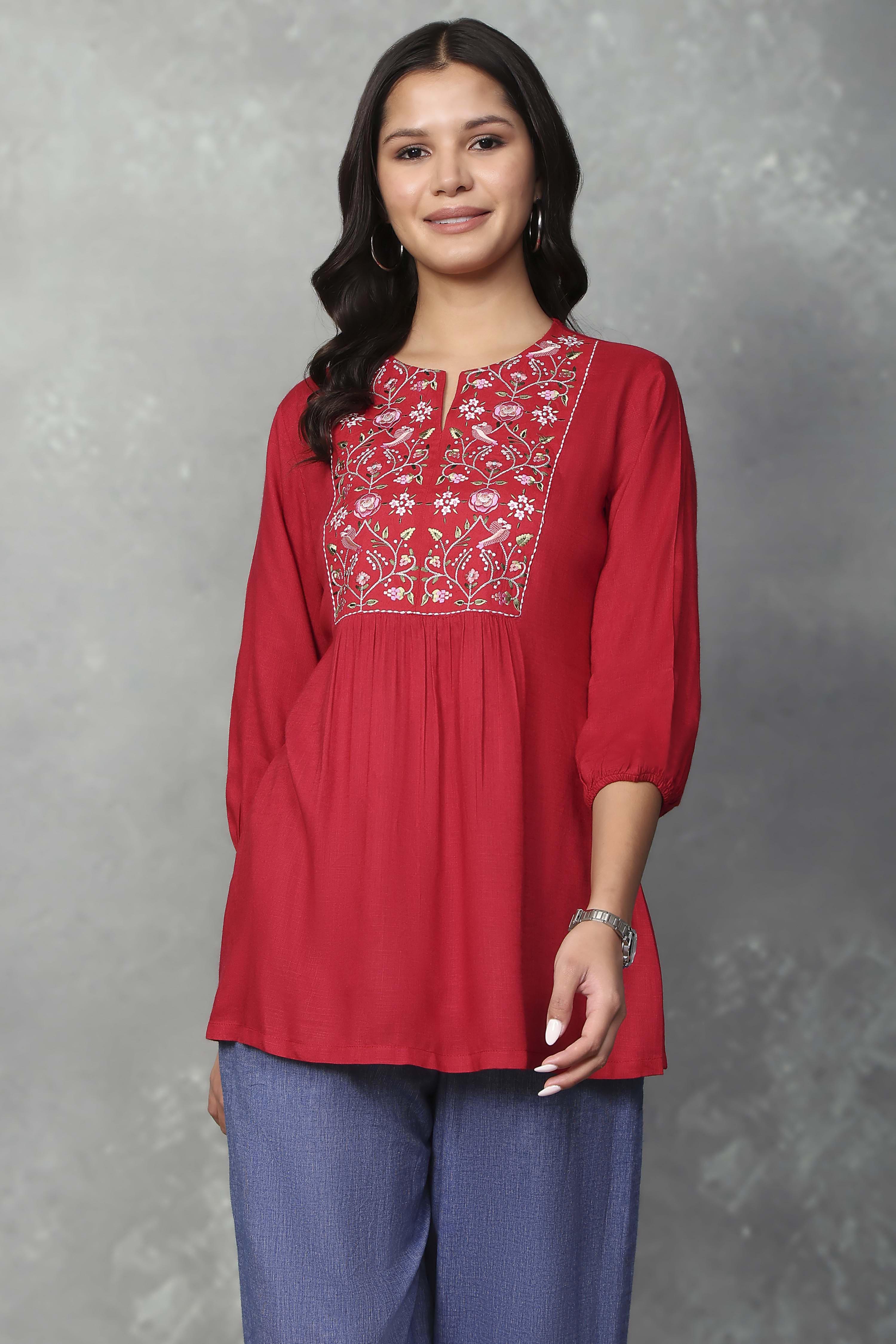 Red Rayon Straight Tops image number 5