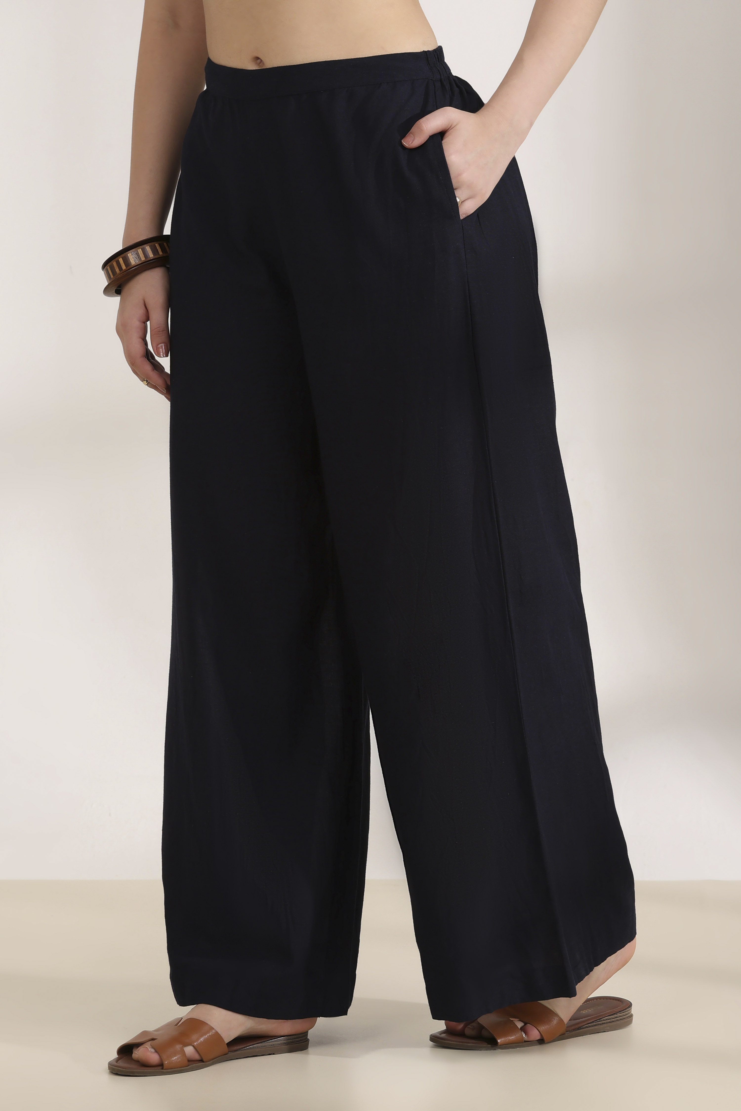 Black Rayon Straight Palazzos image number 2