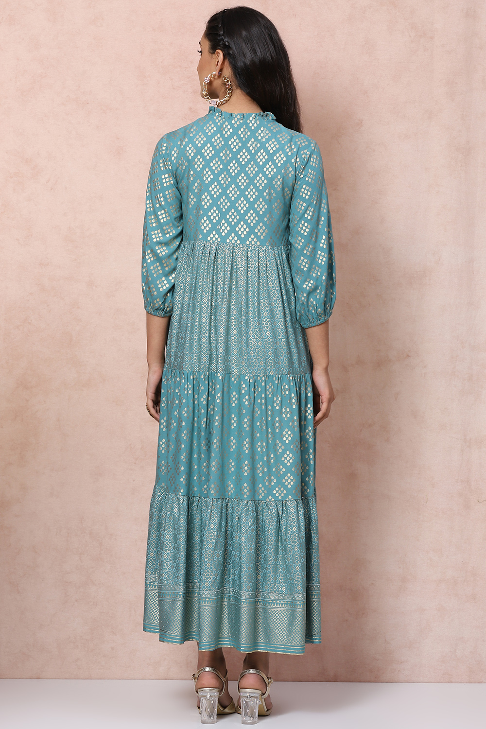 Green Viscose Rayon Tiered Dress image number 4