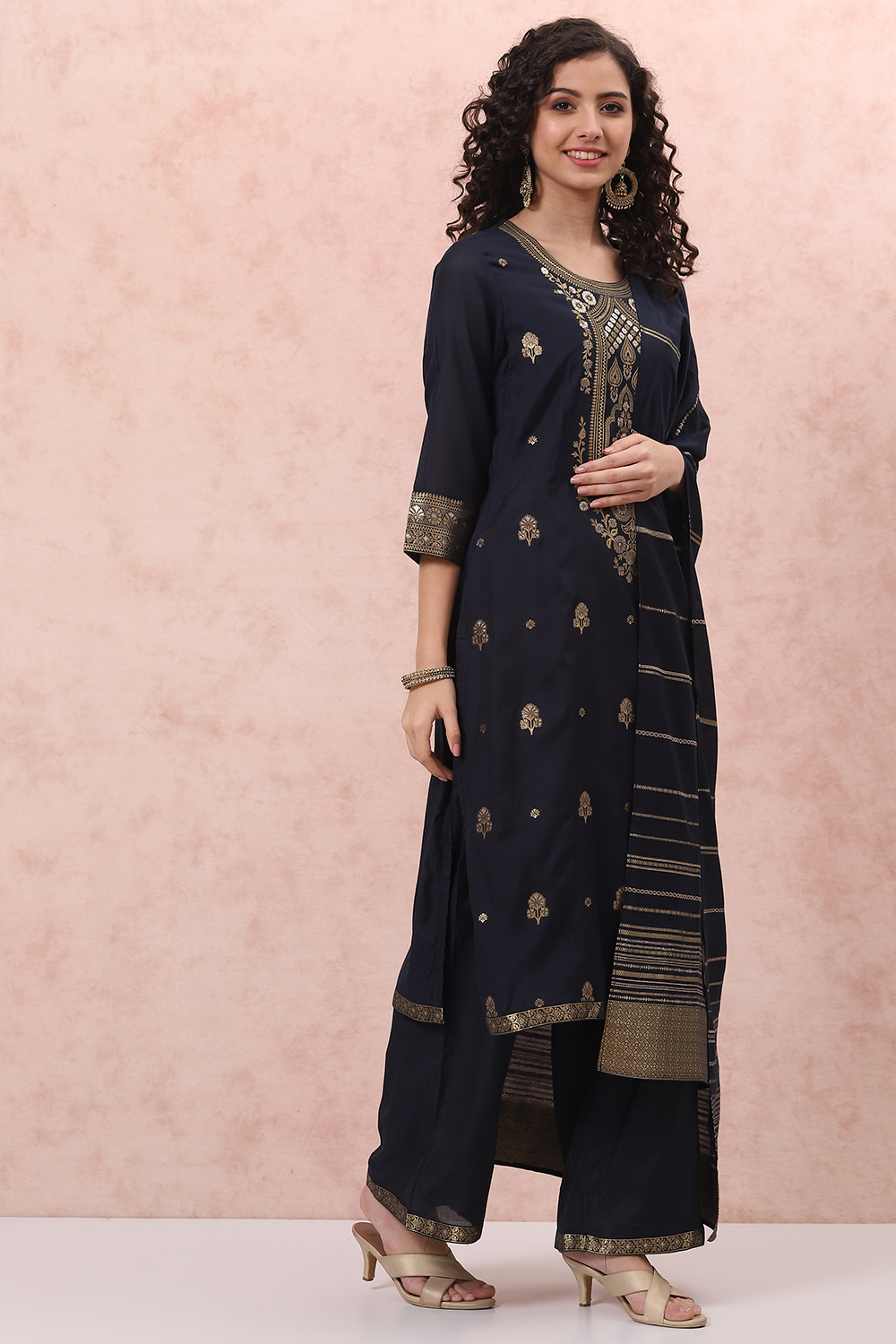 Navy Blue Art Silk Straight Suit Set image number 6