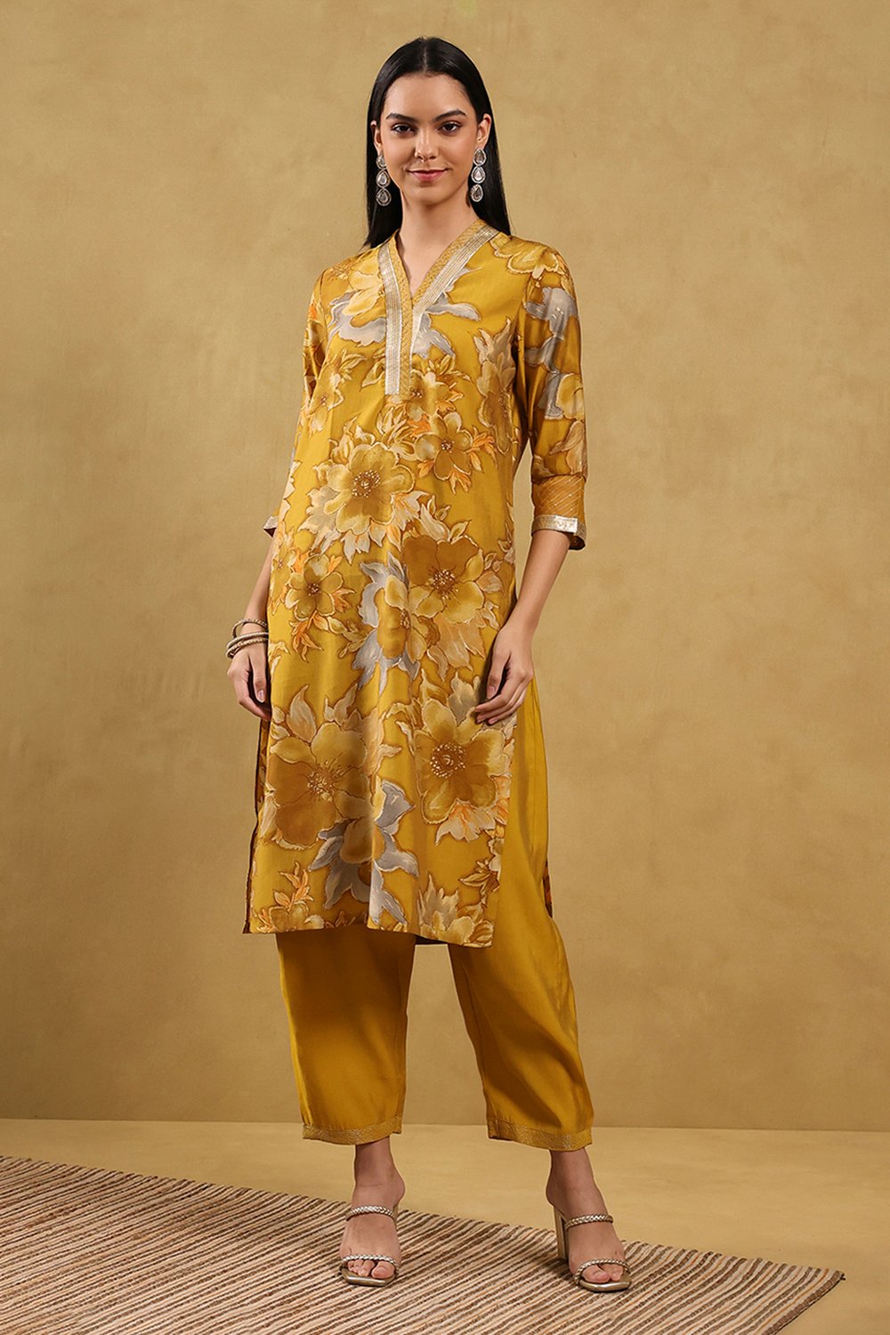 Mustard Viscose Blend Printed Straight Suit Set image number 6