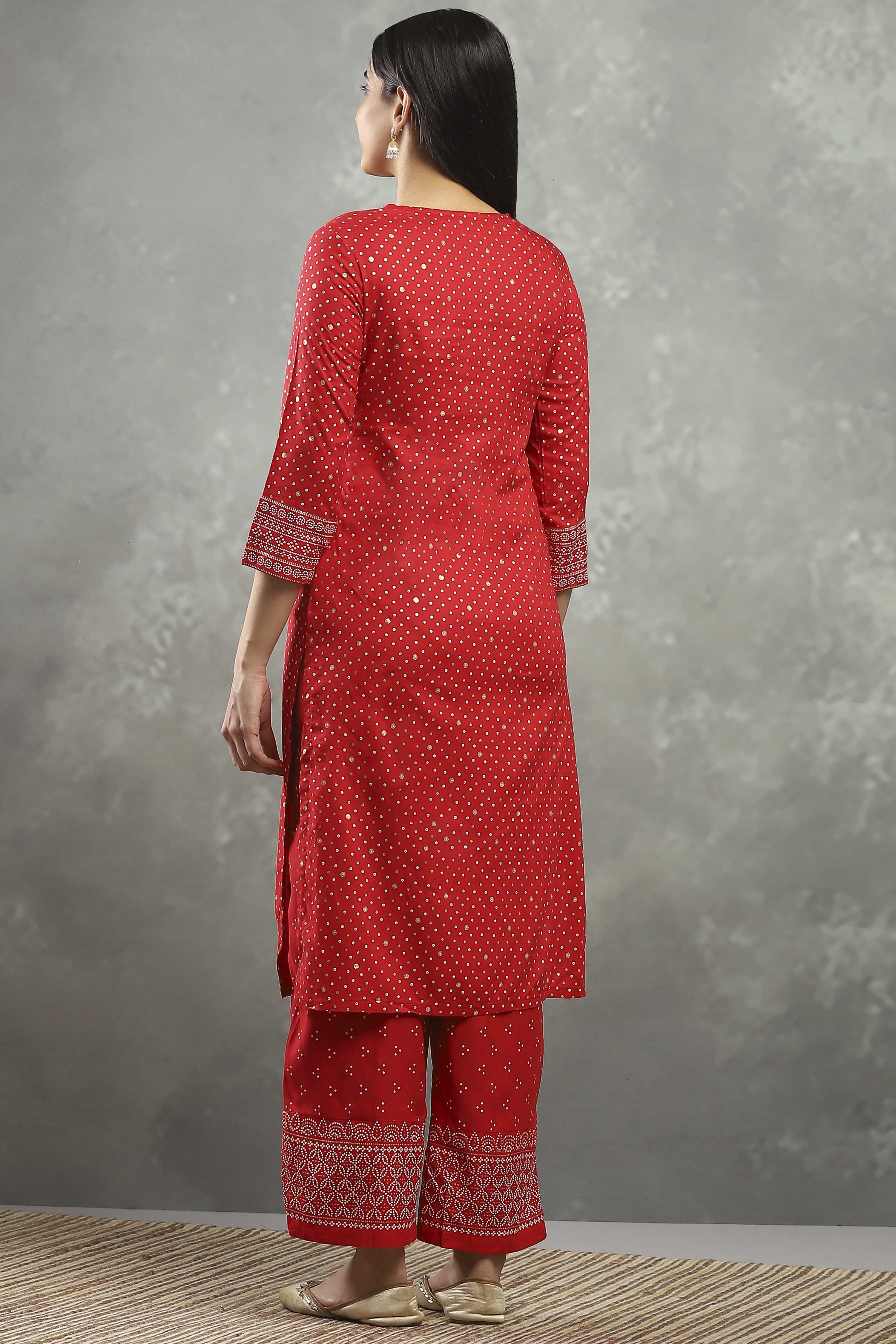 Red Viscose Flared Kurta Pants Set image number 4