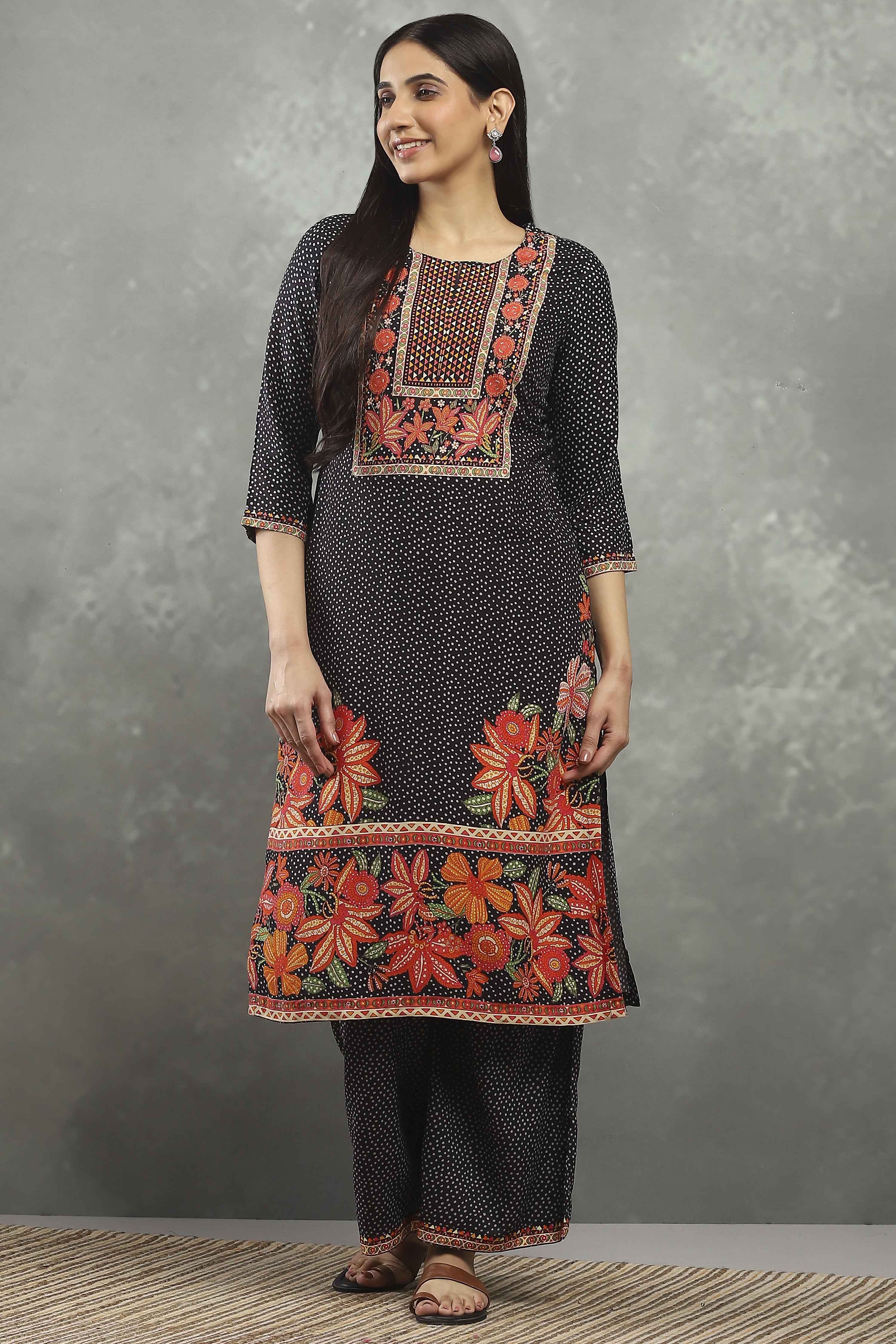 Black Polyester Straight Kurta Pants Set image number 6