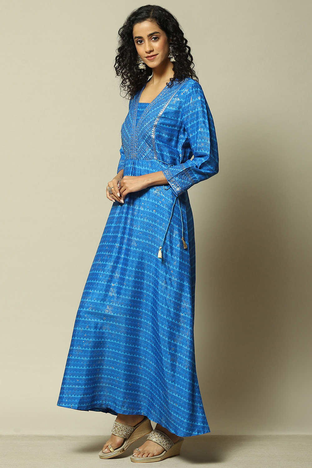 Blue LIVA Flared Printed Dress image number 2