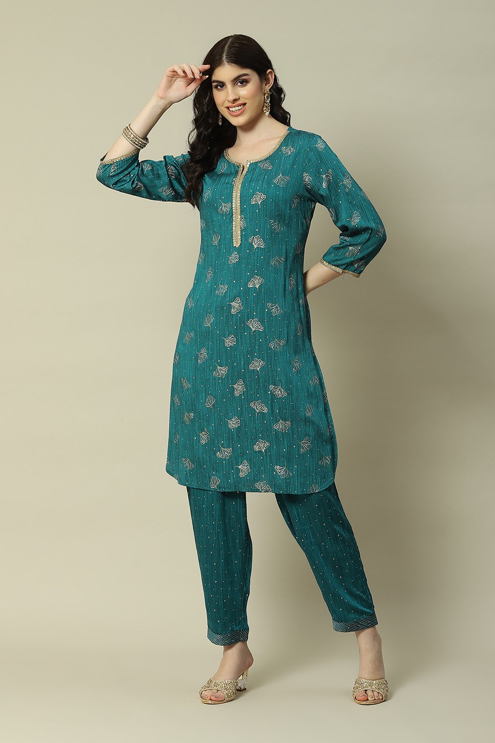 Green Poly Viscose Straight Printed Kurta Palazzo Suit Set image number 0