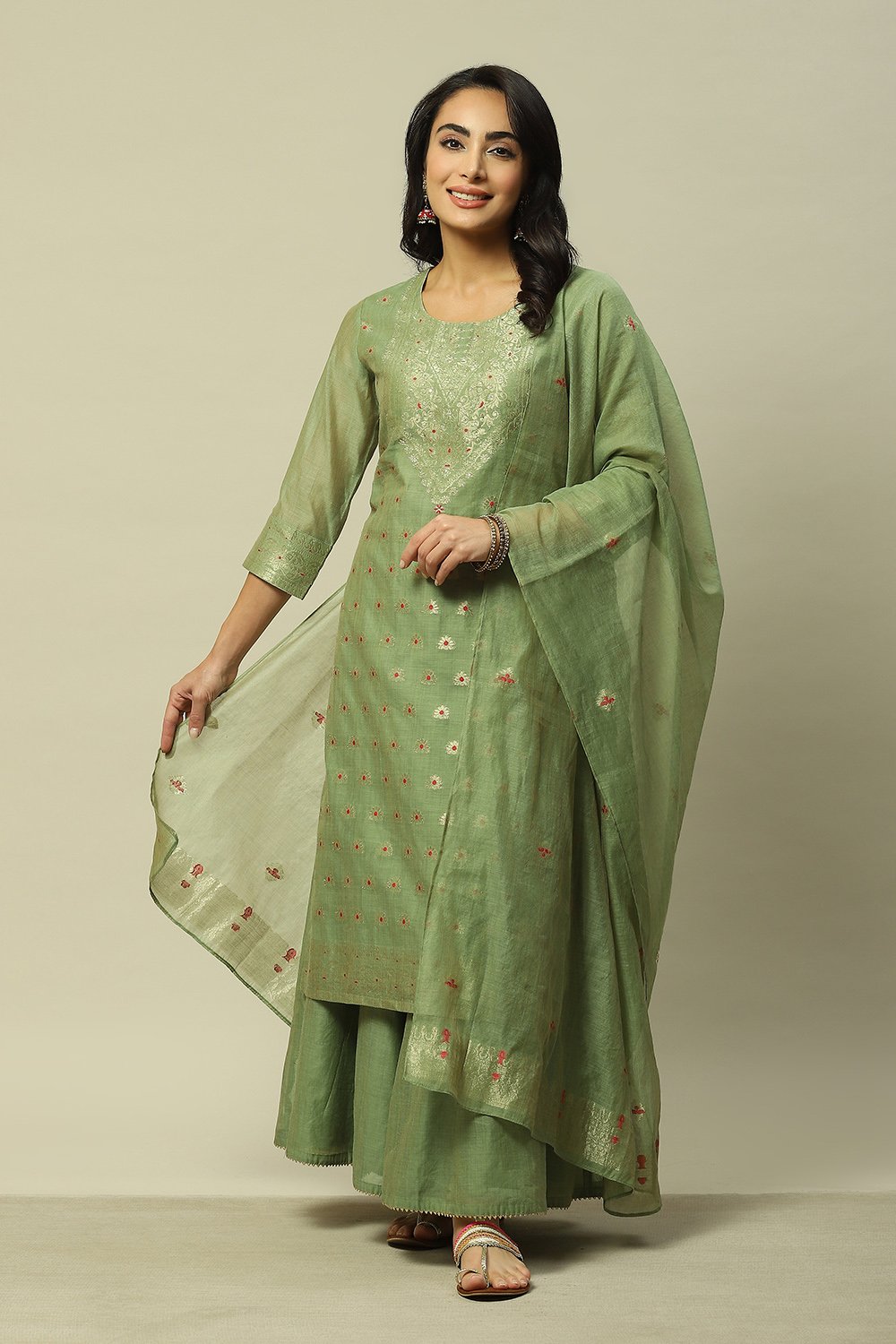 Green Polyester Straight Yarndyed Kurta Palazzo Suit Set image number 0