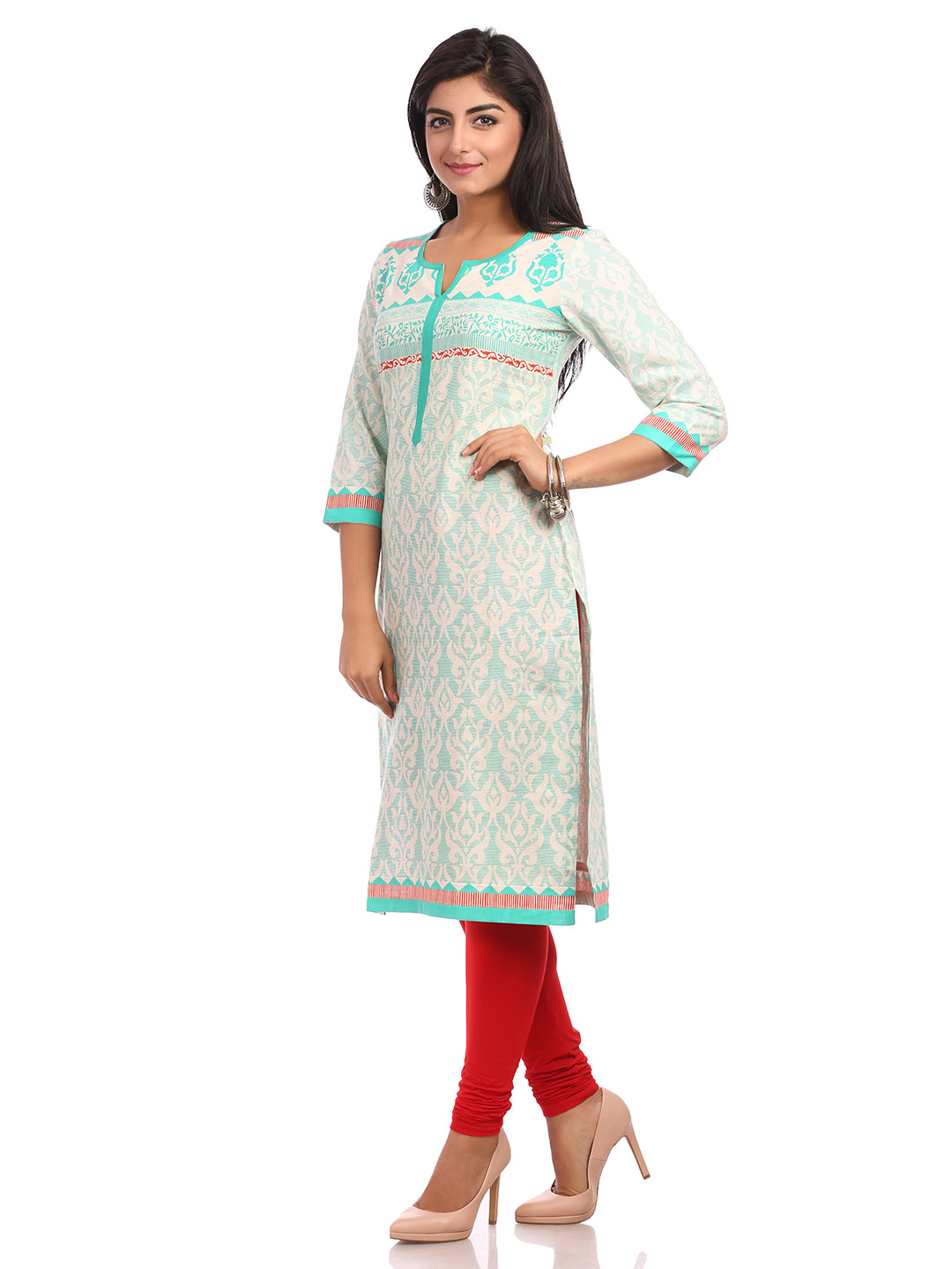 Beige Straight Cotton Kurta image number 3