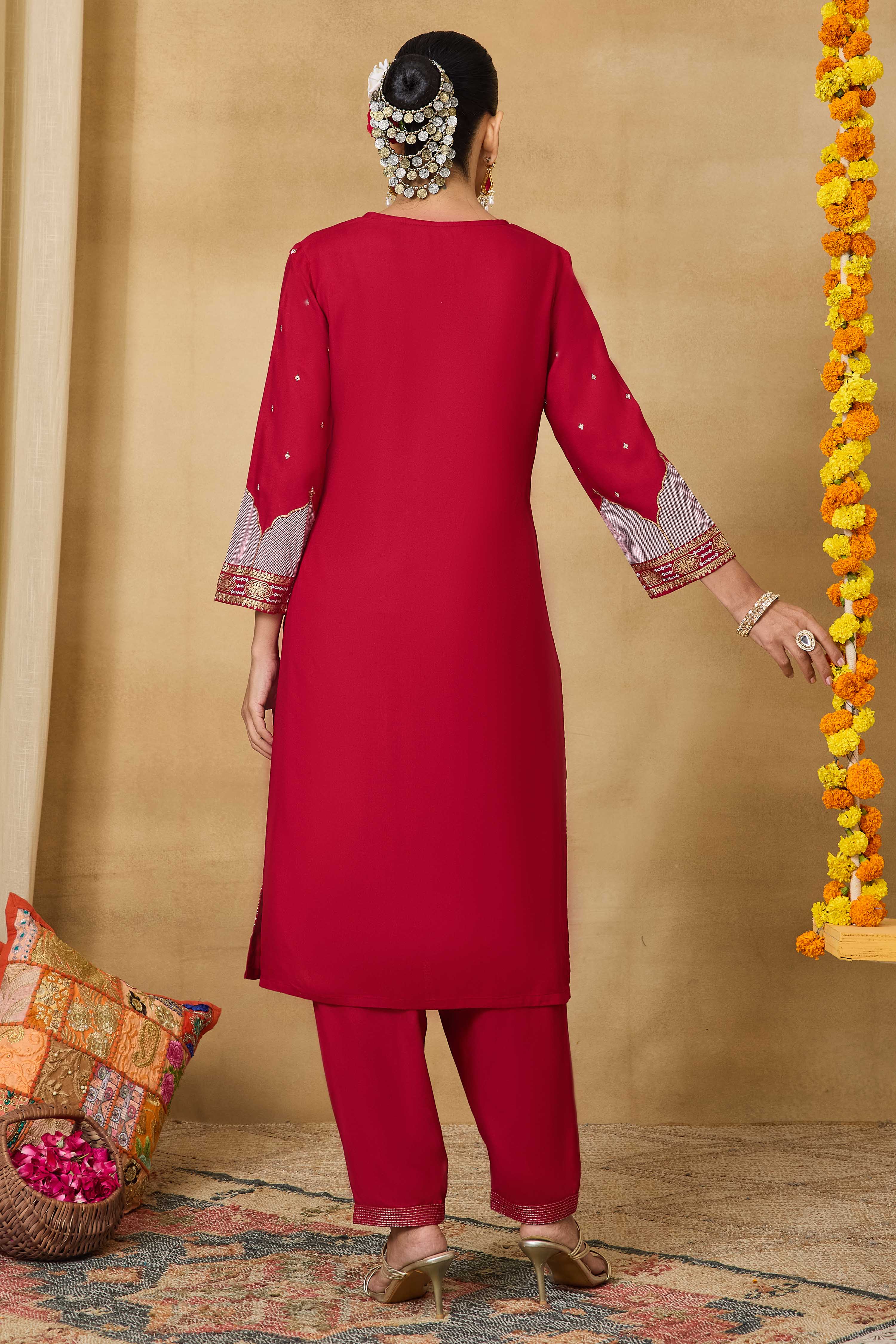 Red Viscose Rayon Straight Printed Kurta Pants Set image number 5