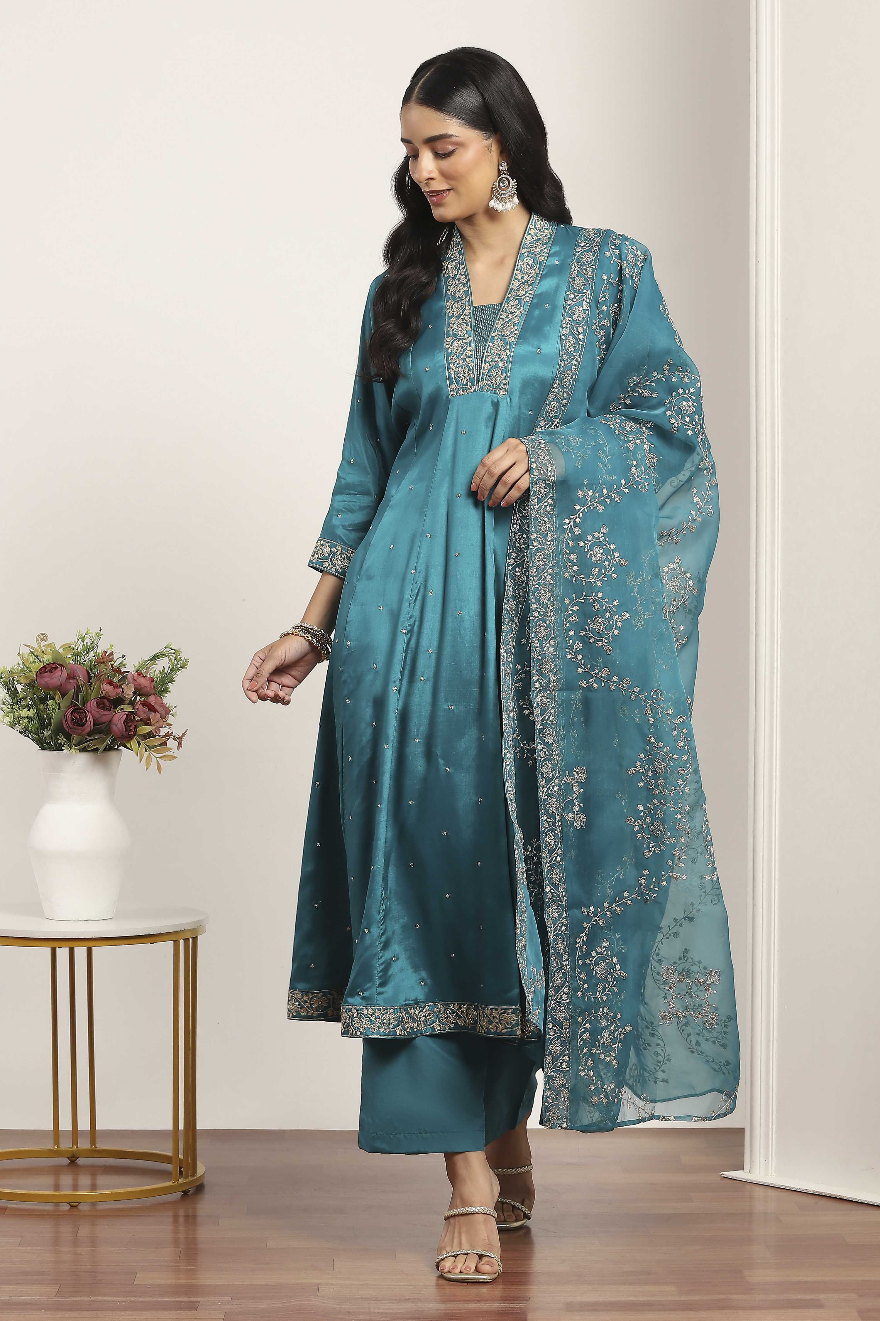 Teal Viscose Rayon Kalidar Suit Set image number 7