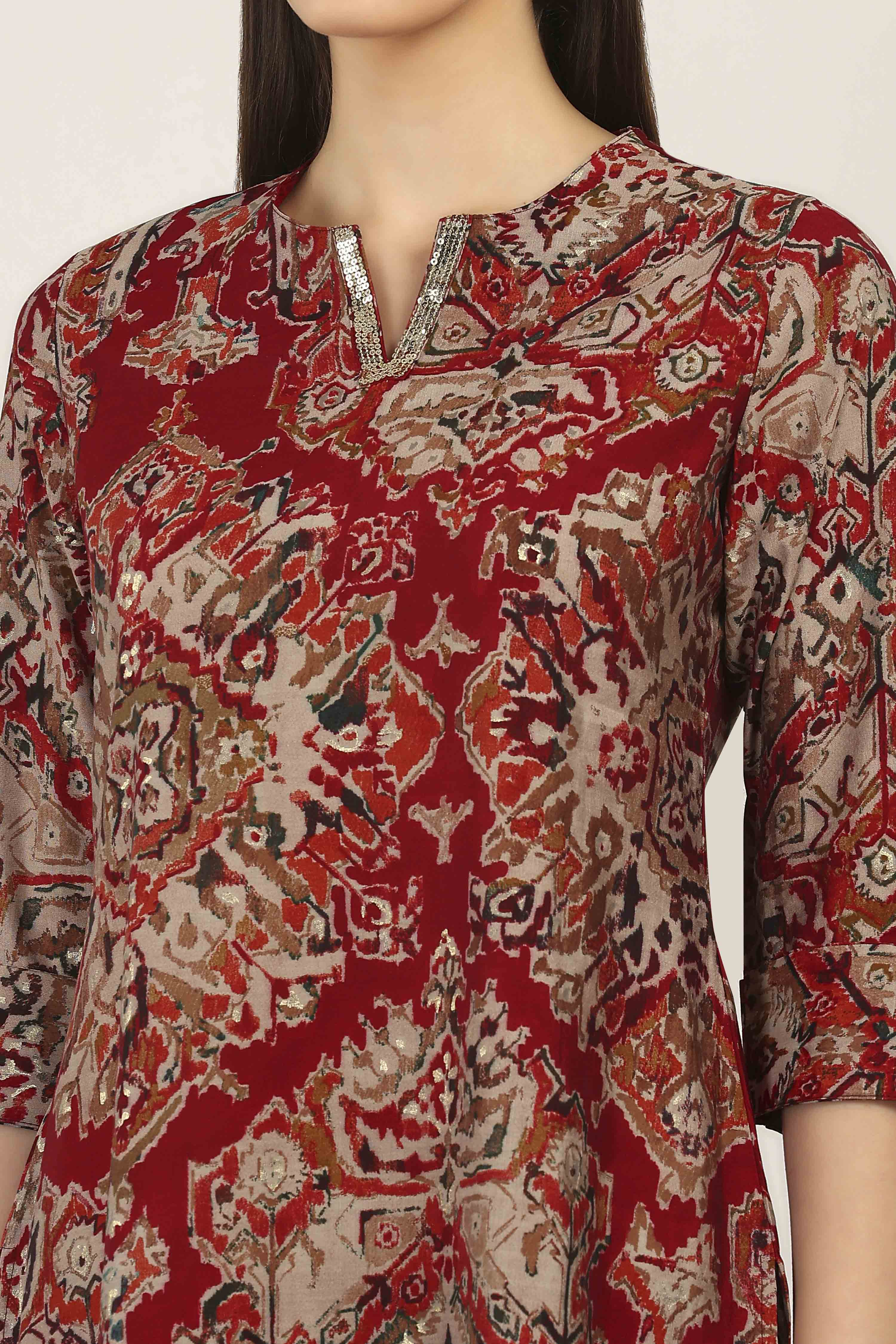 Red Viscose Polyester Viscose Rayon Kurta Pants Set image number 1