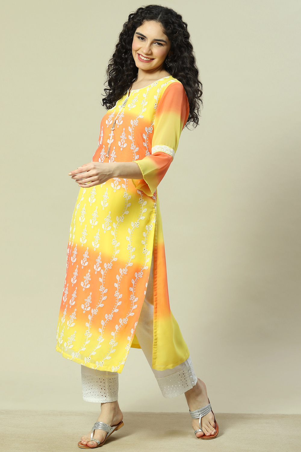 Yellow Cotton Blend Straight Kurta image number 5