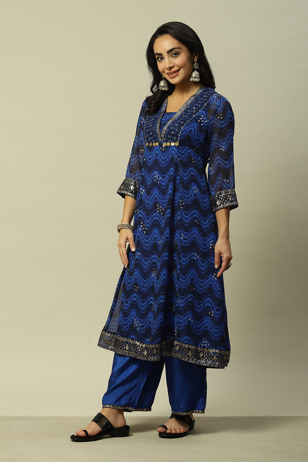 Coblt Blue LIVA Anarkali Printed Kurta Palazzo Suit Set image number 3