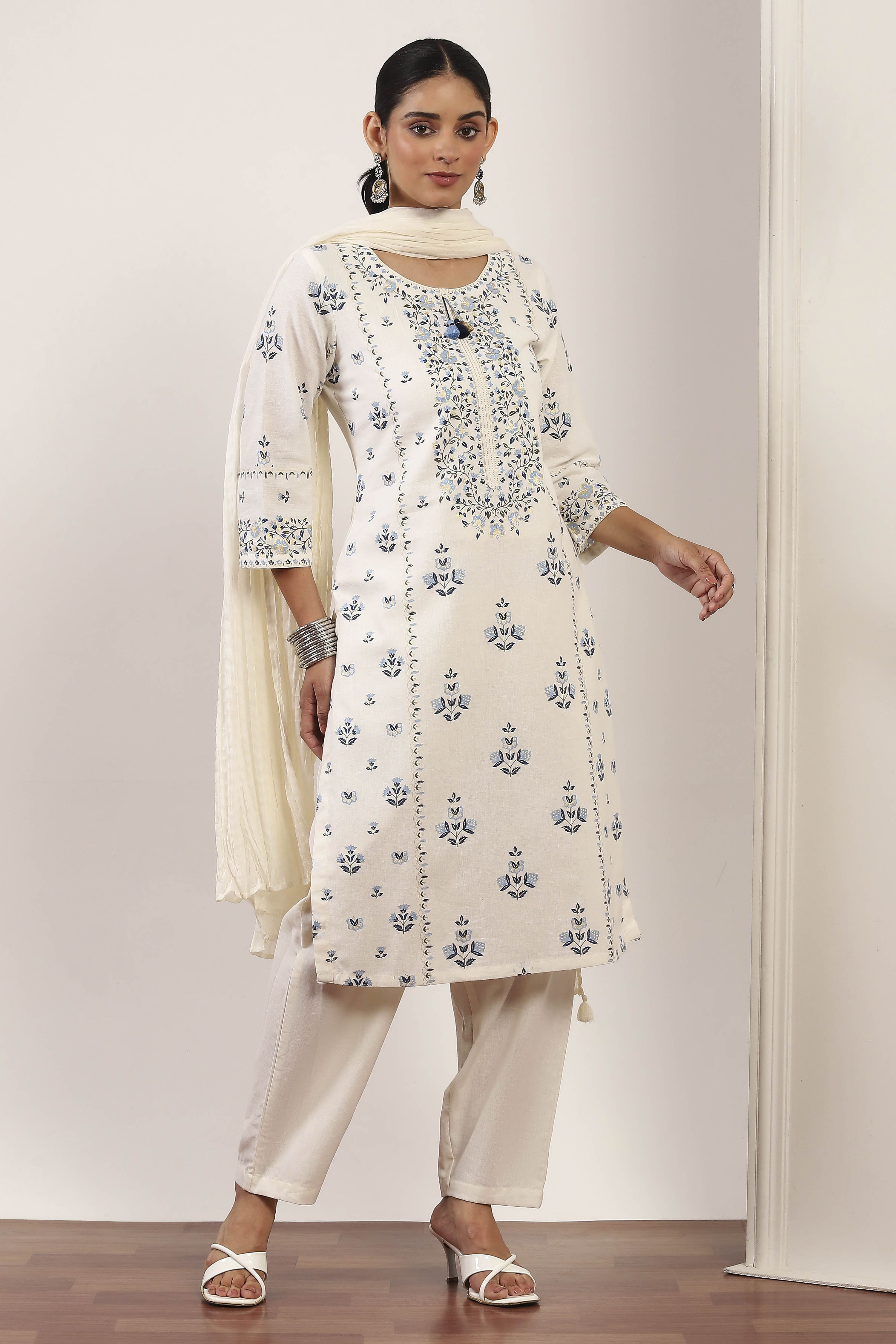 White Cotton Blend Straight Suit Sets image number 6