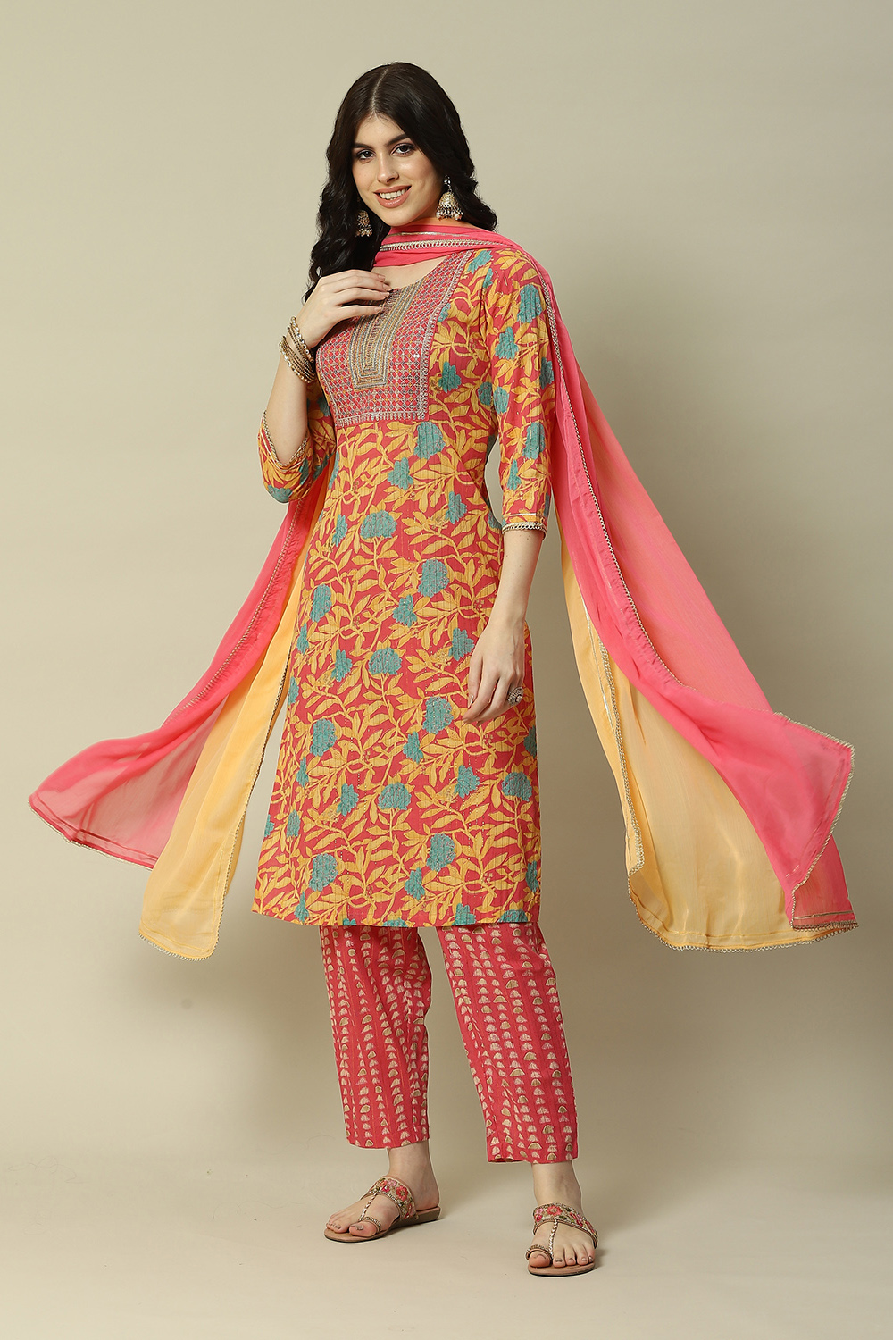 Pink Cotton Straight Printed Kurta Palazzo Suit Set image number 0