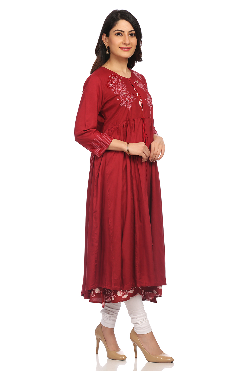 Maroon Viscose Rayon Flared Kurta image number 3