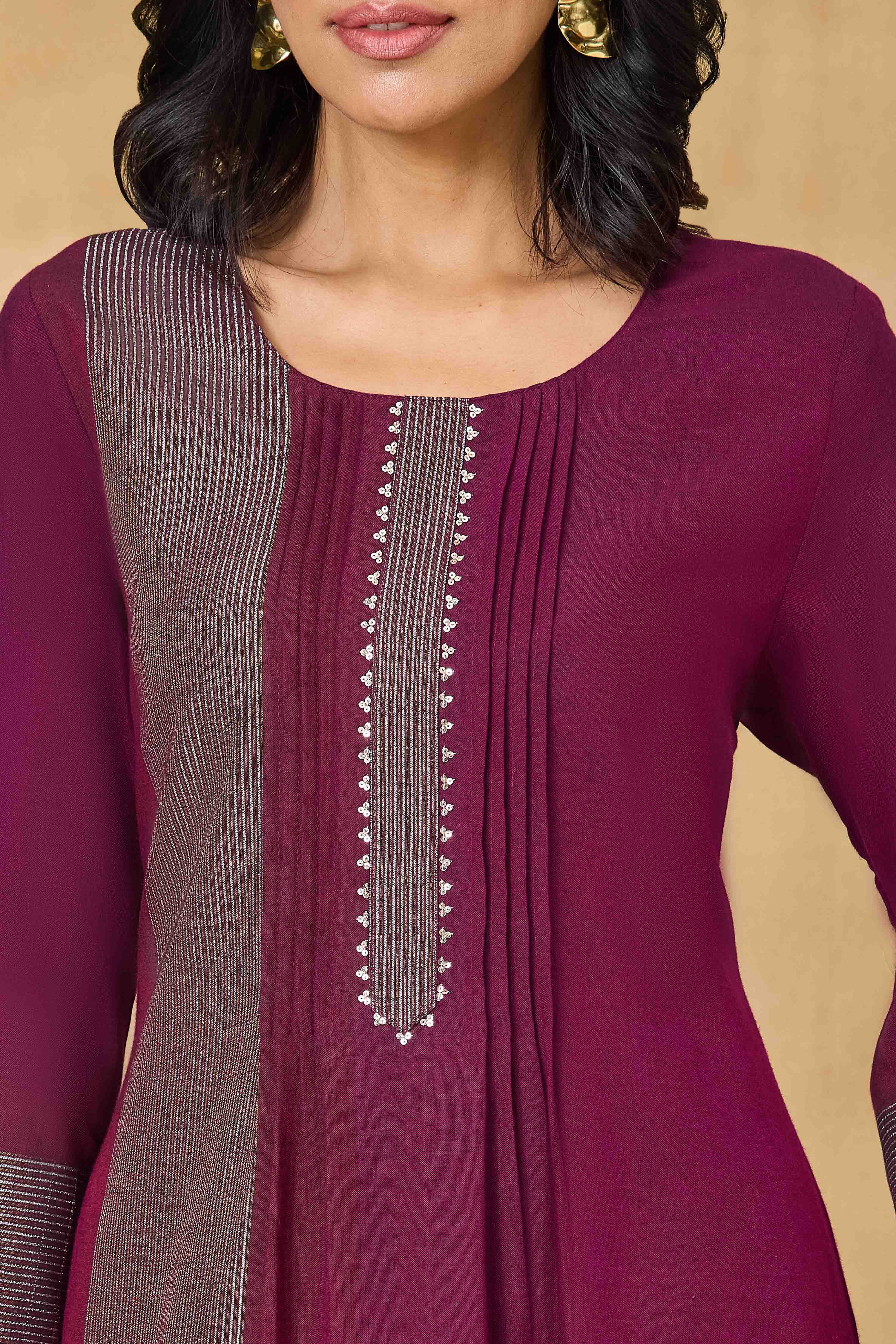 Purple Cotton Straight Yarndyed Kurta Pants Set image number 1