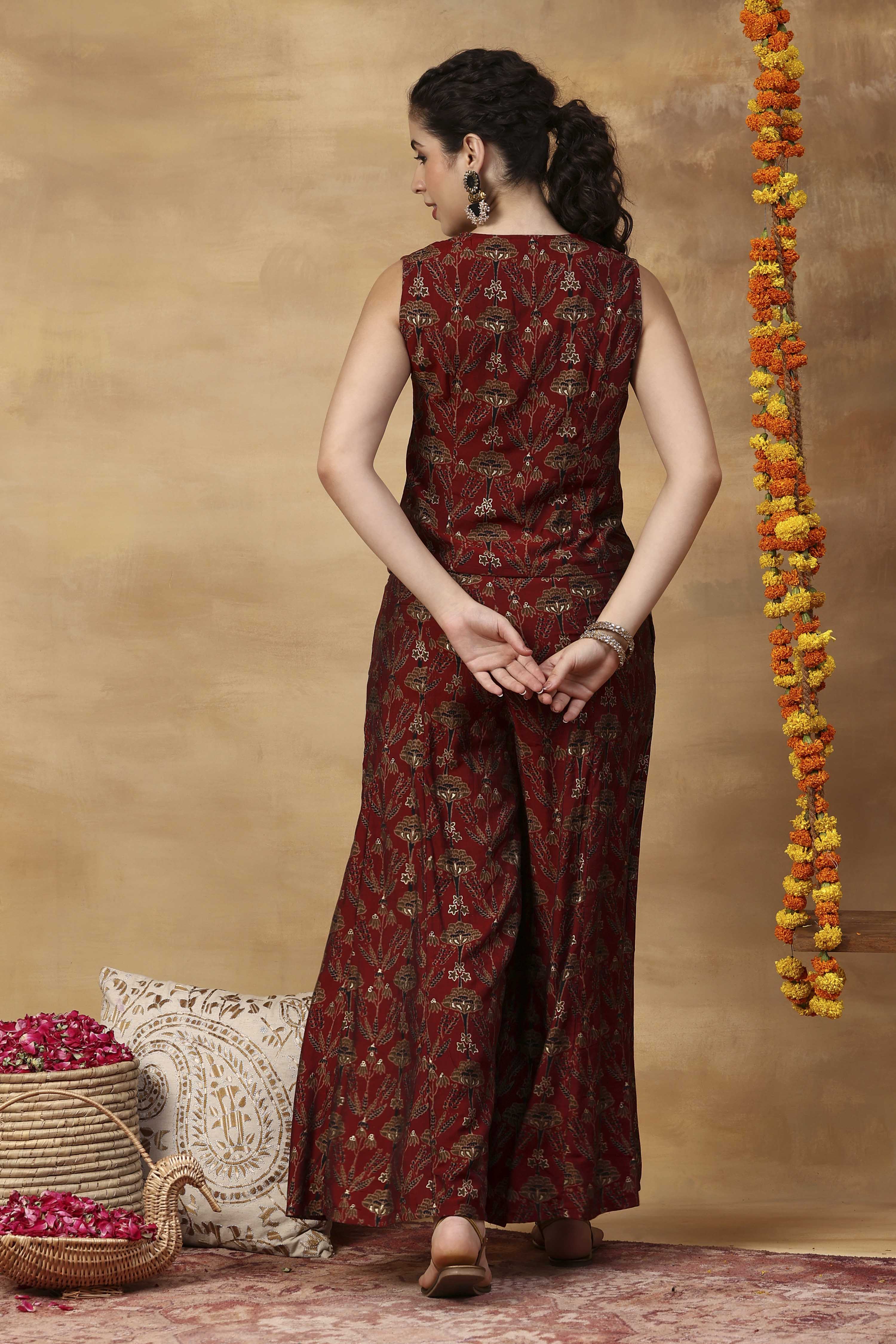 Red Viscose Blend Regular Printed Top Palazzo Set image number 5