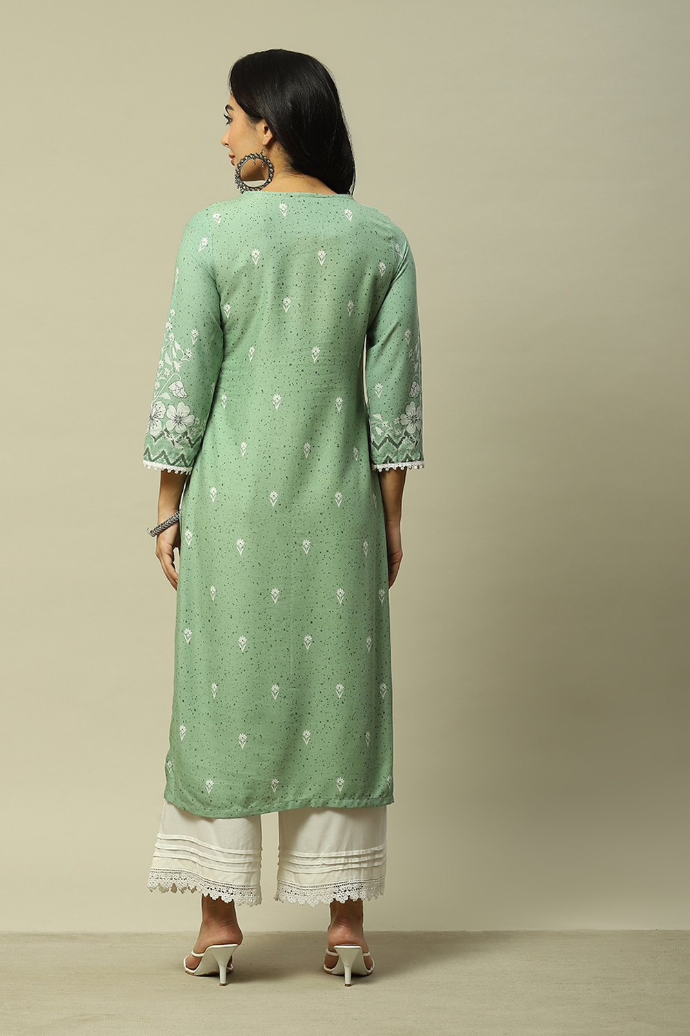 Green LIVA Straight Printed Kurta image number 3