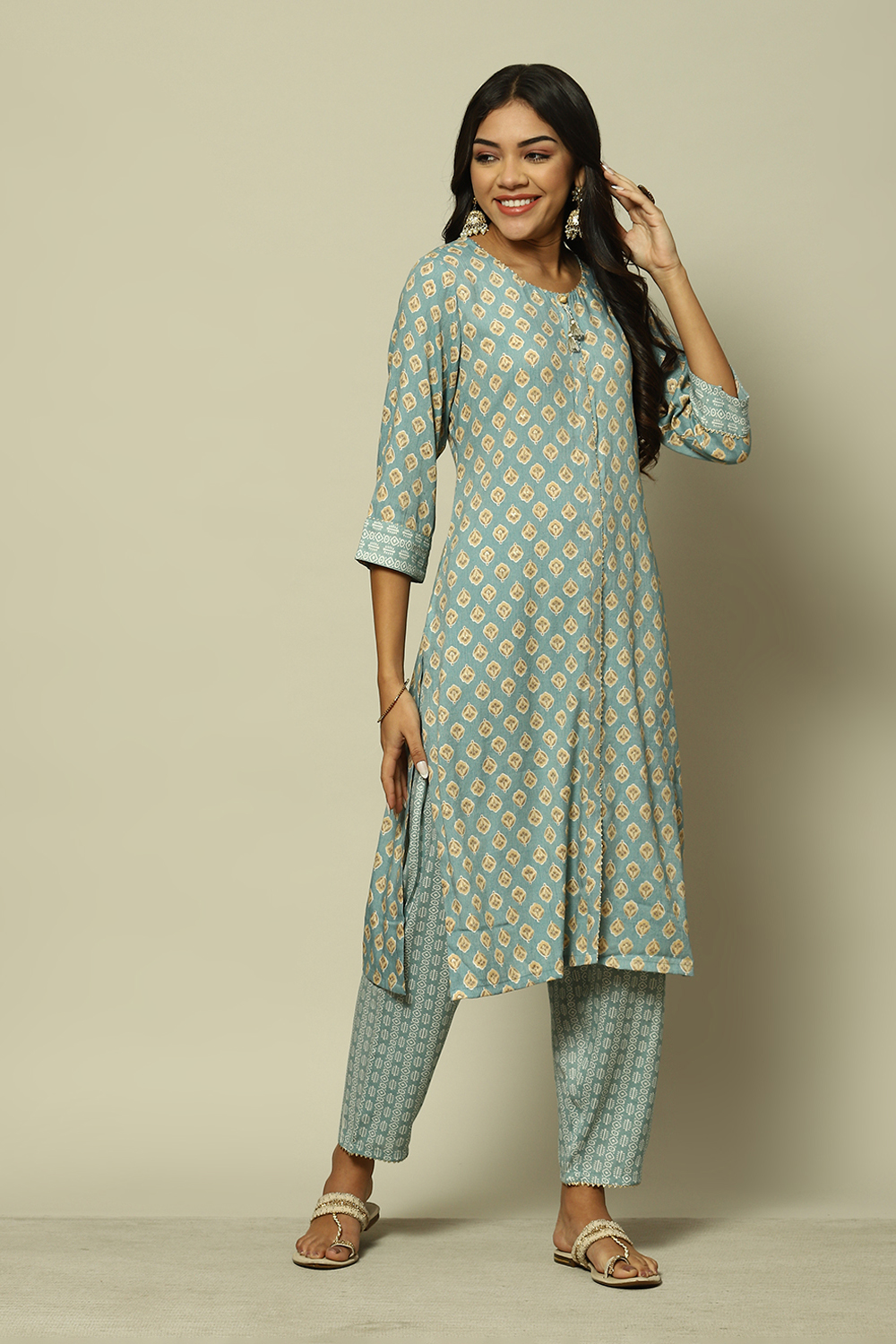 Blue Cotton Blend Straight Printed Kurta Palazzo Suit Set image number 0