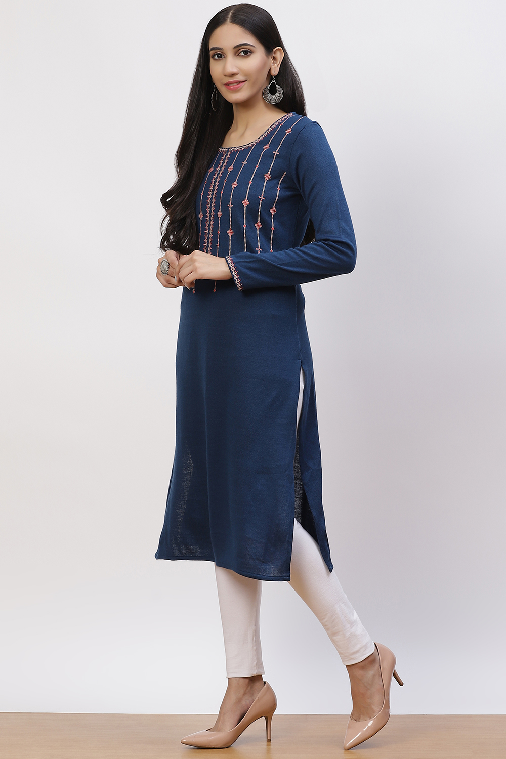Teal Blue Acrylic Straight Kurta image number 3