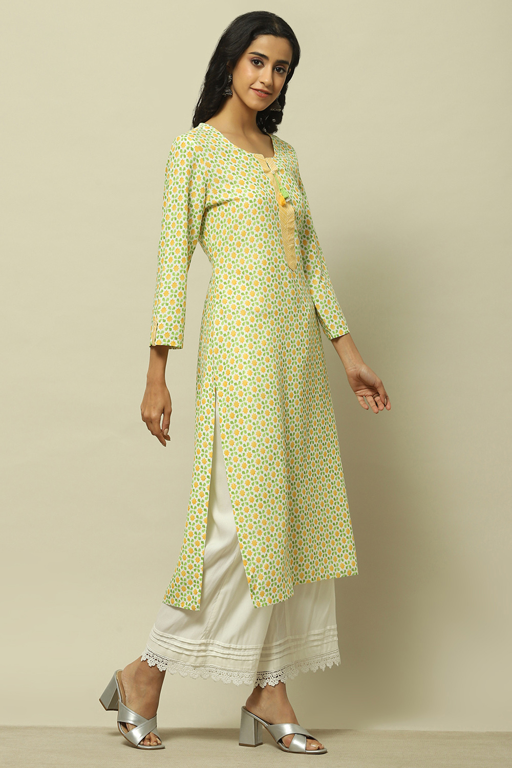 Lime Green Printed Straight Kurta image number 4