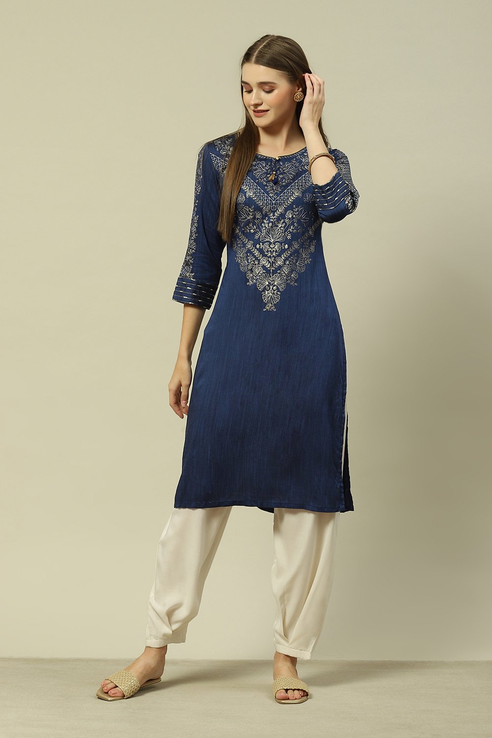 Blue Poly Viscose Straight Printed Kurta image number 5