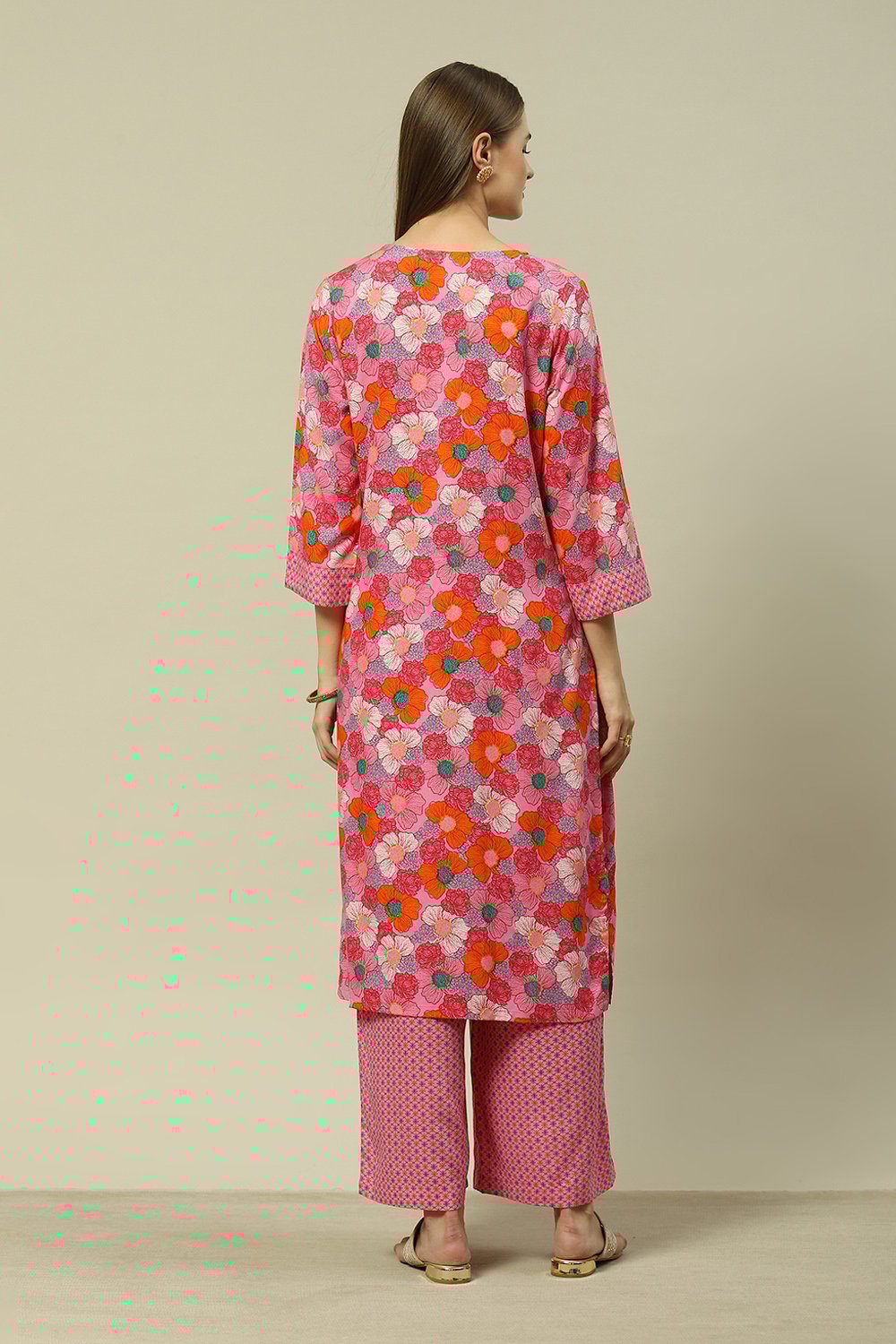 Pink LIVA Straight Printed Kurta Palazzo Suit Set image number 5