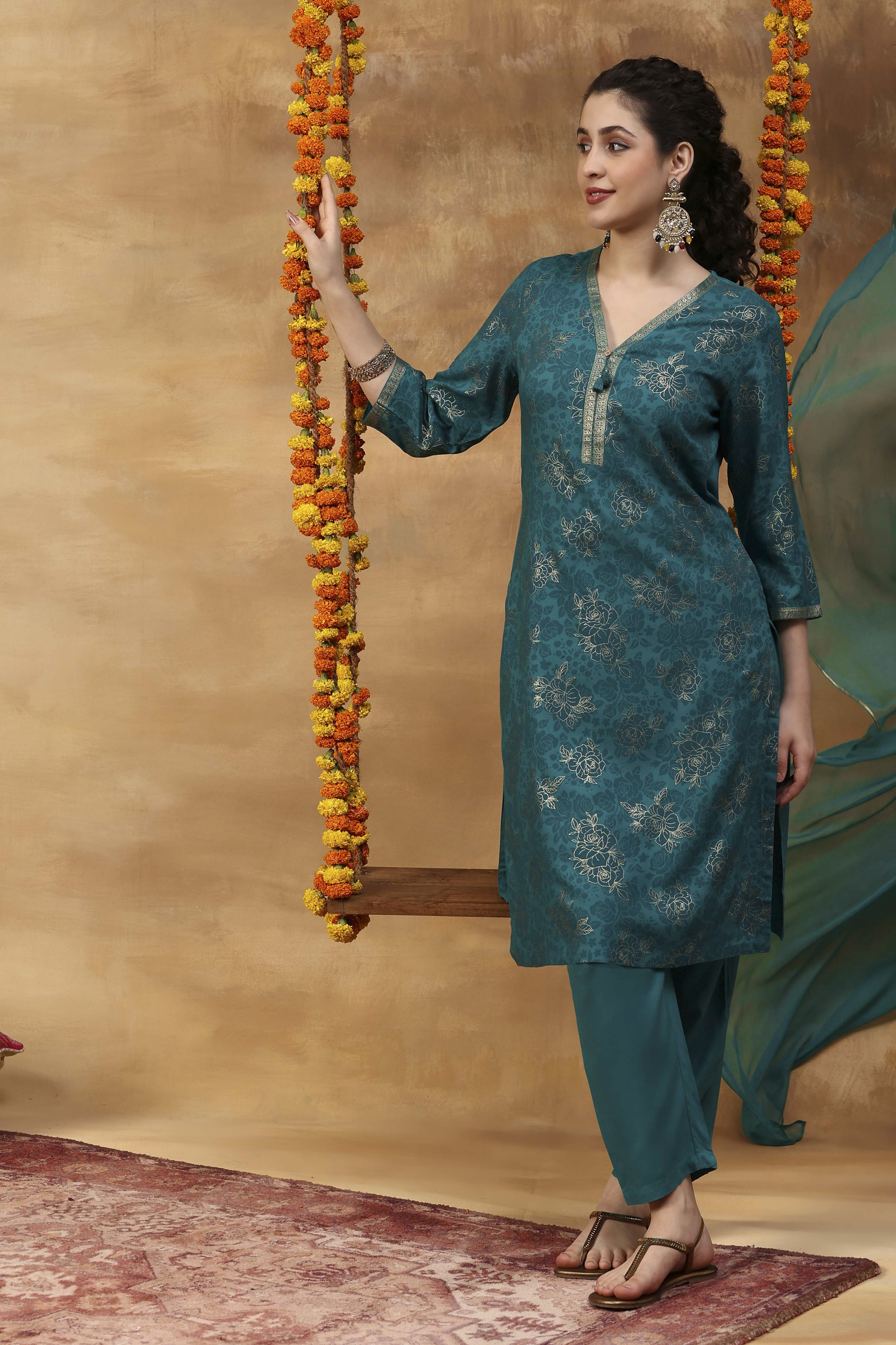Aqua Printed Viscose Rayon Straight Kurta Set image number 0