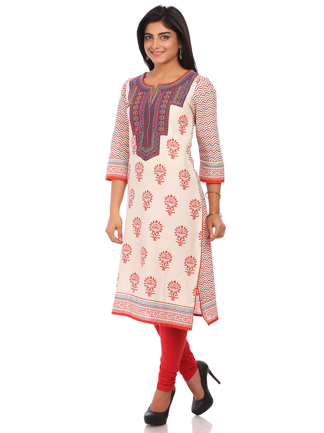 Beige Cotton Straight Kurta image number 3