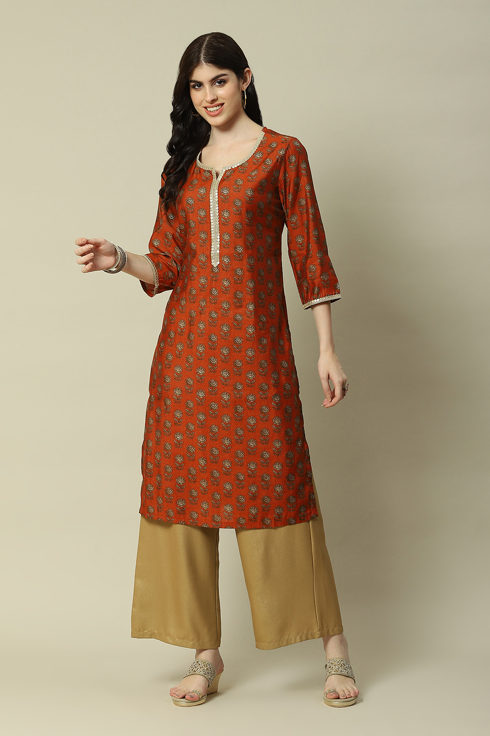 Orange LIVA Straight Printed Kurta image number 5